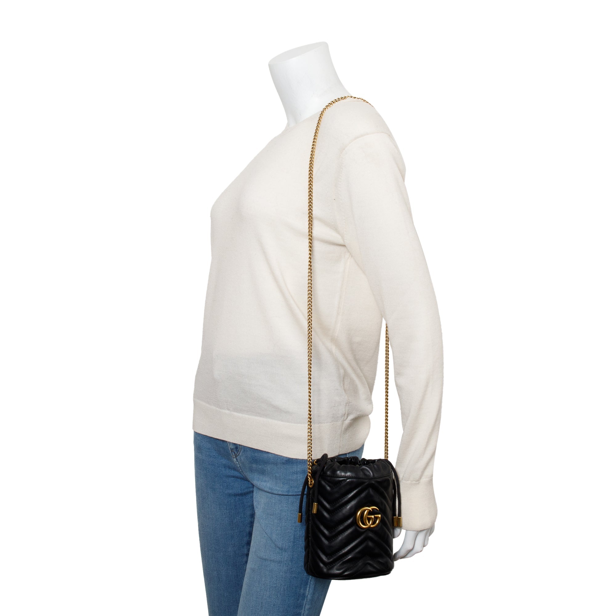 Gucci Black Calfskin Leather GG Marmont Mini Bucket Bag w/ Receipt