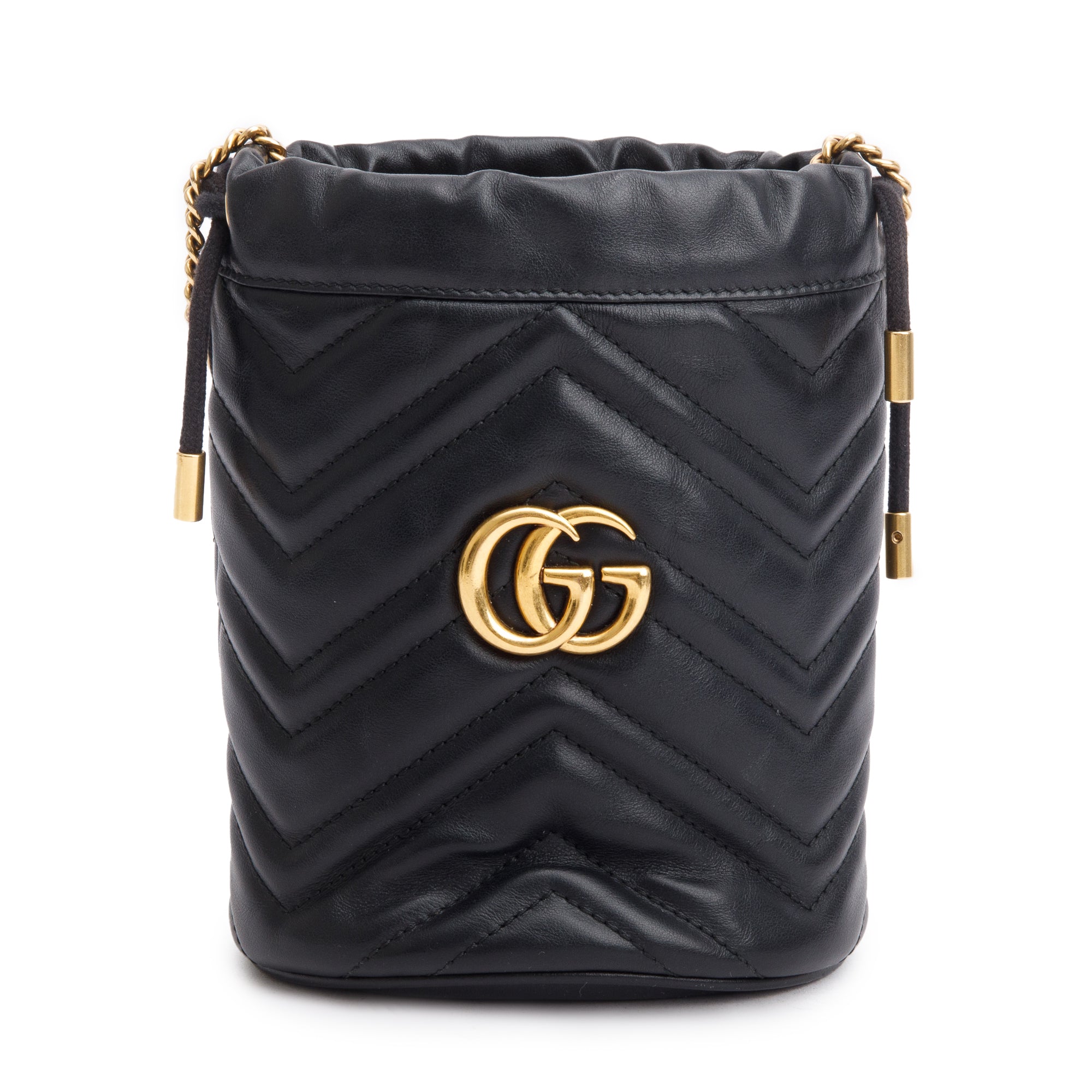 Gucci Black Calfskin Leather GG Marmont Mini Bucket Bag w/ Receipt