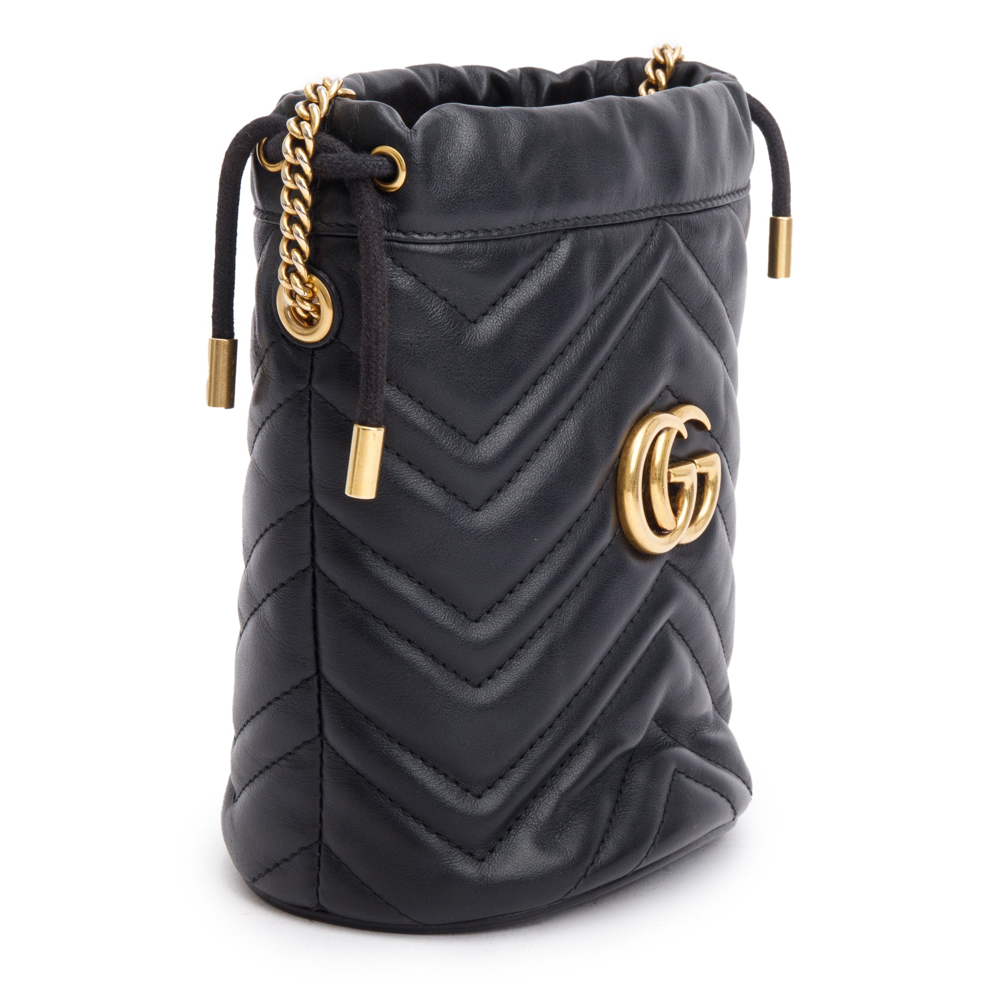 Gucci Black Calfskin Leather GG Marmont Mini Bucket Bag w/ Receipt