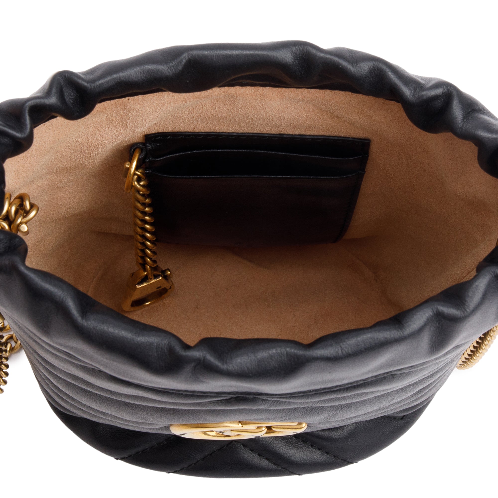 Gucci Black Calfskin Leather GG Marmont Mini Bucket Bag w/ Receipt