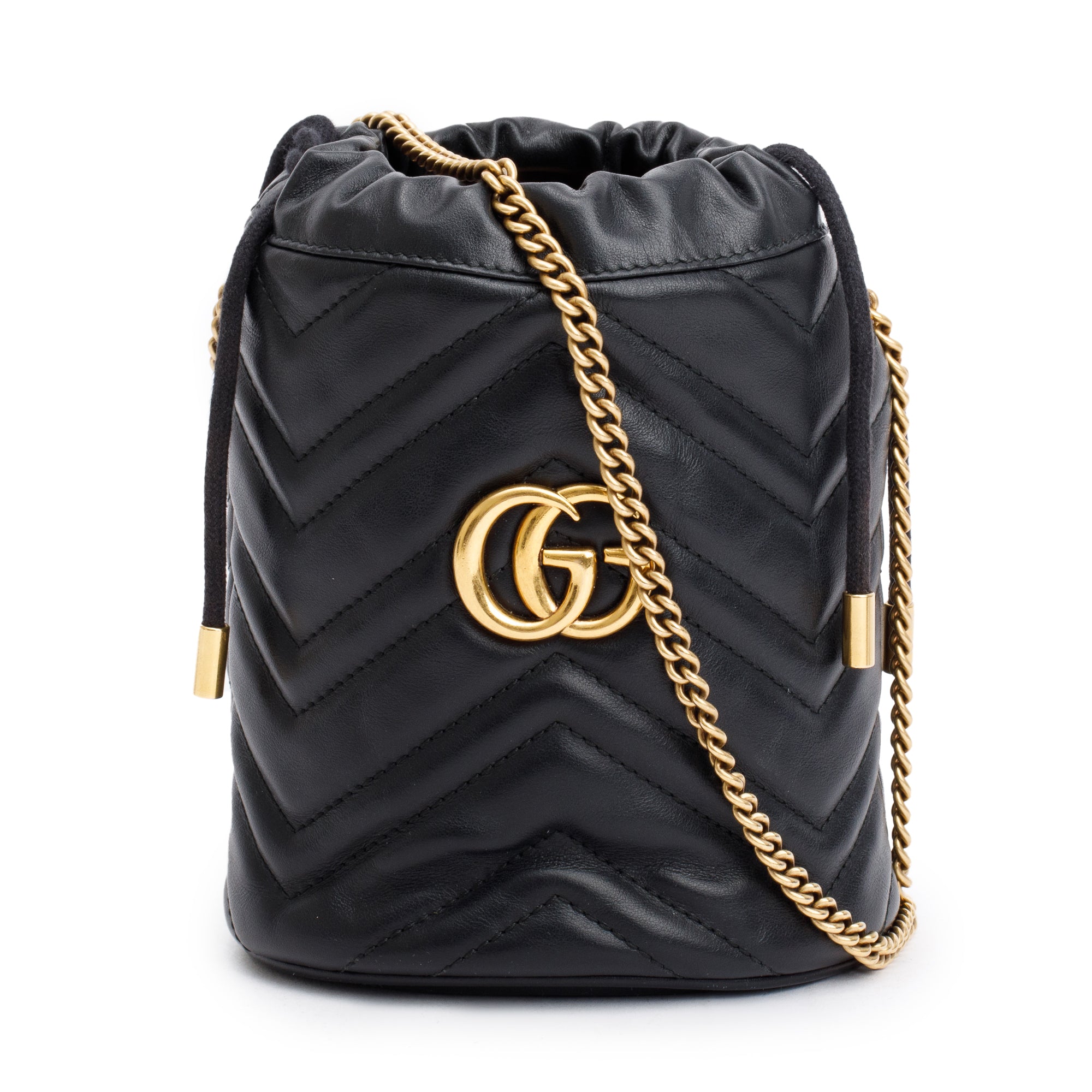 Gucci Black Calfskin Leather GG Marmont Mini Bucket Bag w/ Receipt