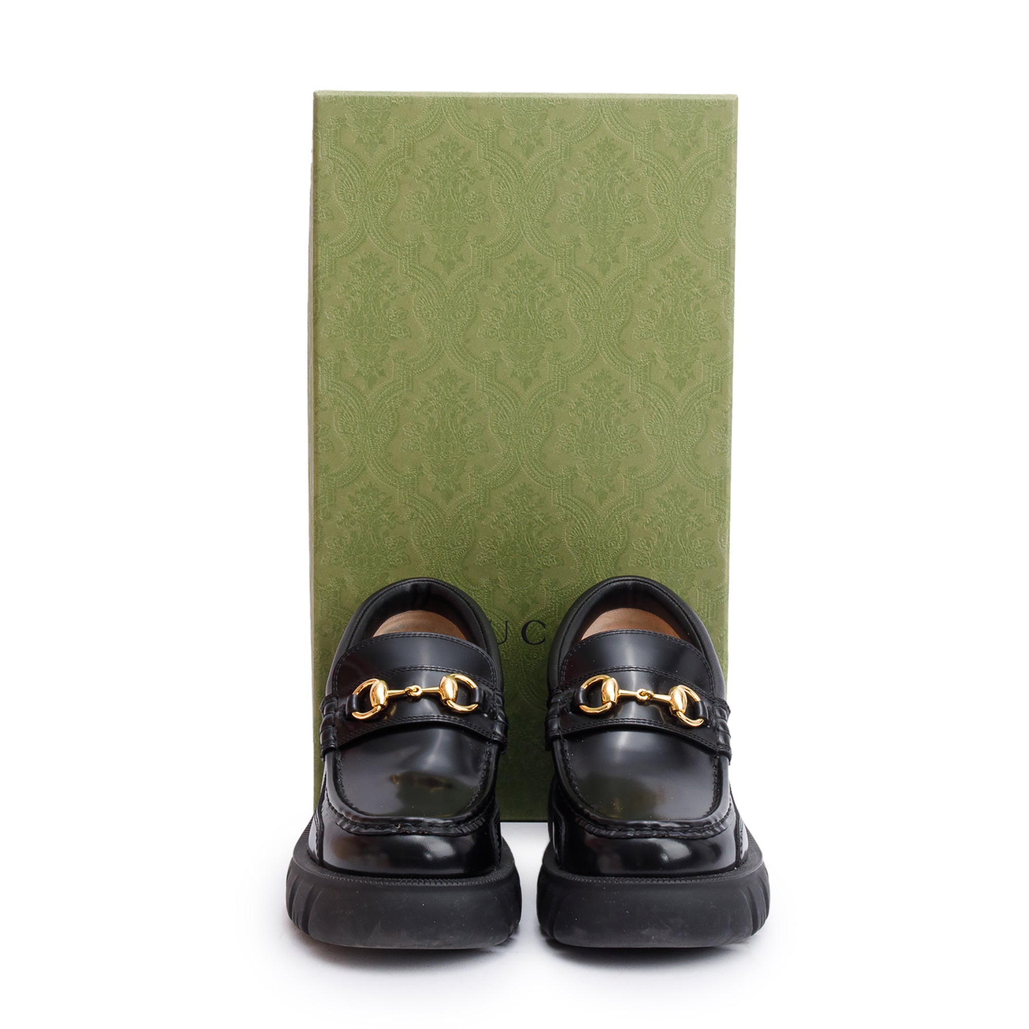 Gucci Black Calfskin Leather Horsebit Accent Lug Sole Loafers, Size 6.5 w/ Box