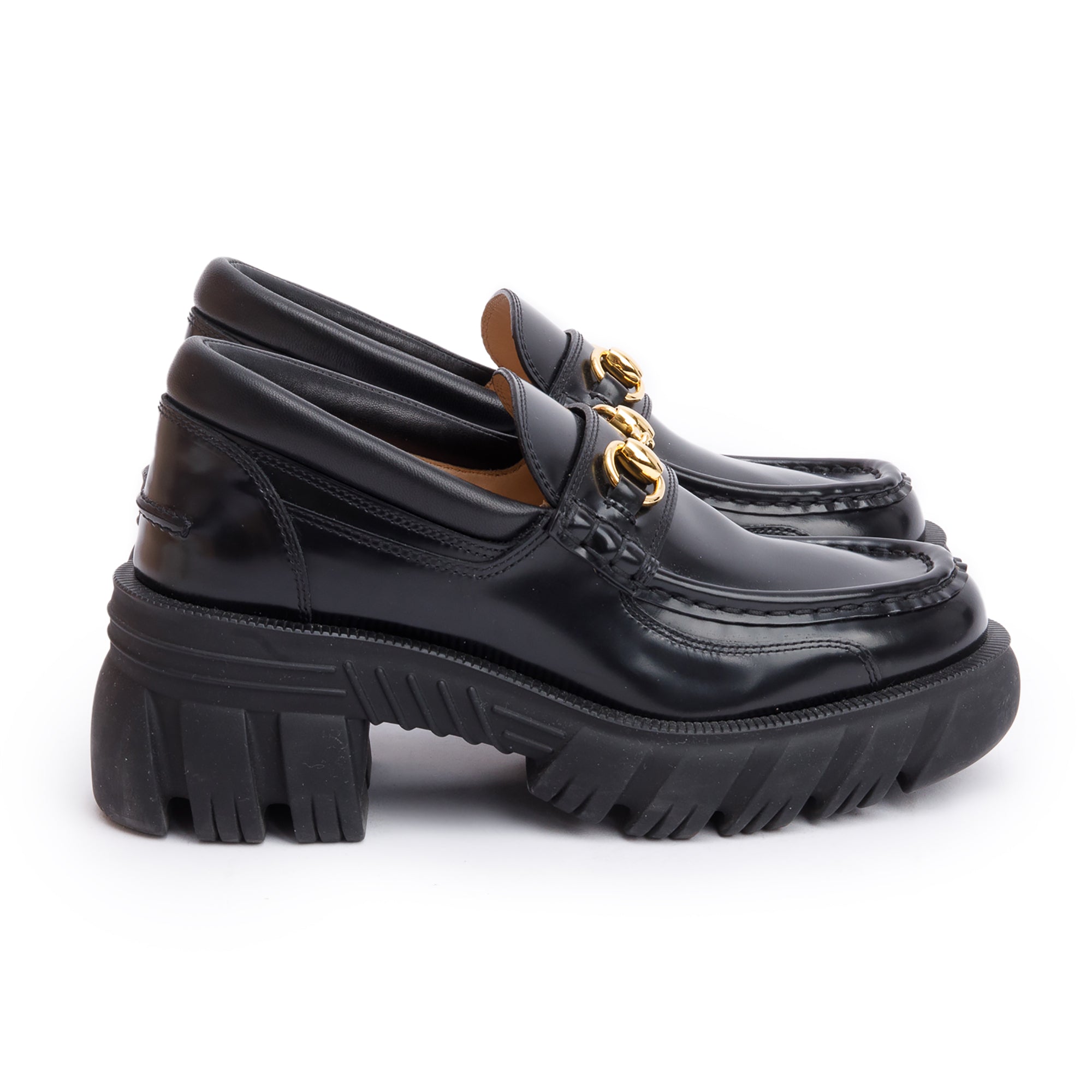 Gucci Black Calfskin Leather Horsebit Accent Lug Sole Loafers, Size 6.5 w/ Box