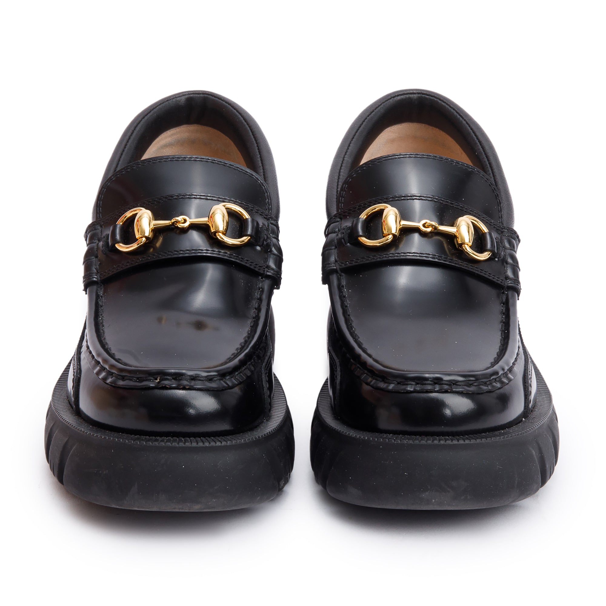 Gucci Black Calfskin Leather Horsebit Accent Lug Sole Loafers, Size 6.5 w/ Box