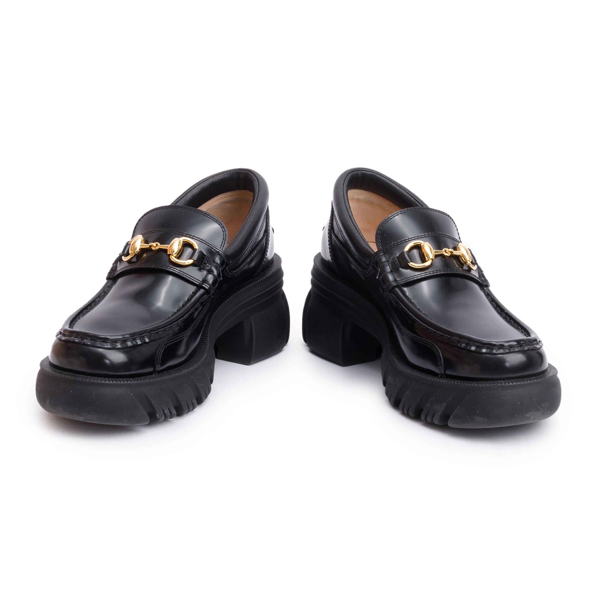 Gucci Black Calfskin Leather Horsebit Accent Lug Sole Loafers, Size 6.5 w/ Box