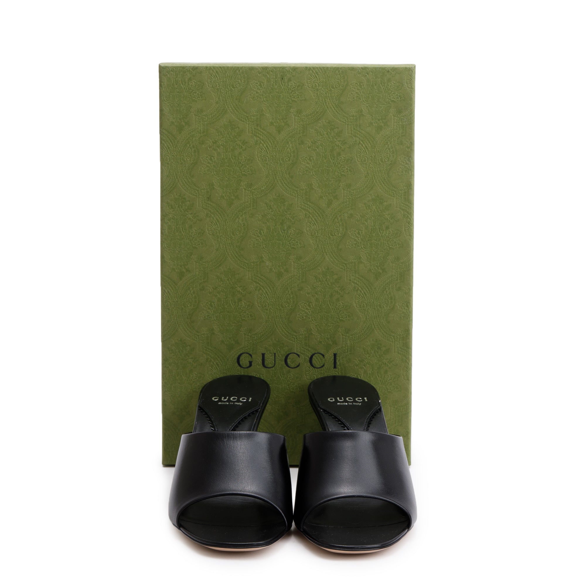 Gucci Black Calfskin Leather Interlocking G Heel Bella Sandals, Size 39 w/ Box