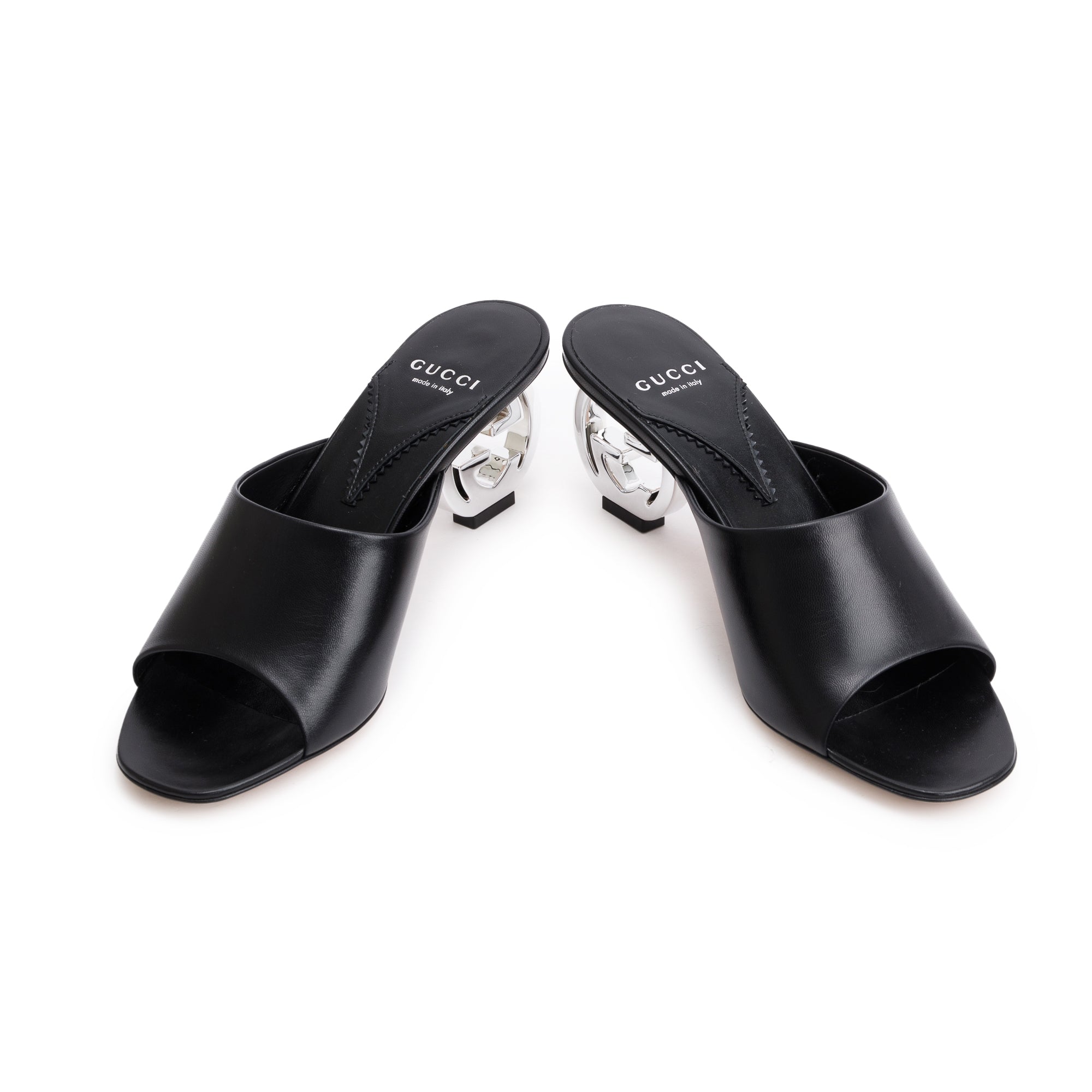 Gucci Black Calfskin Leather Interlocking G Heel Bella Sandals, Size 39 w/ Box
