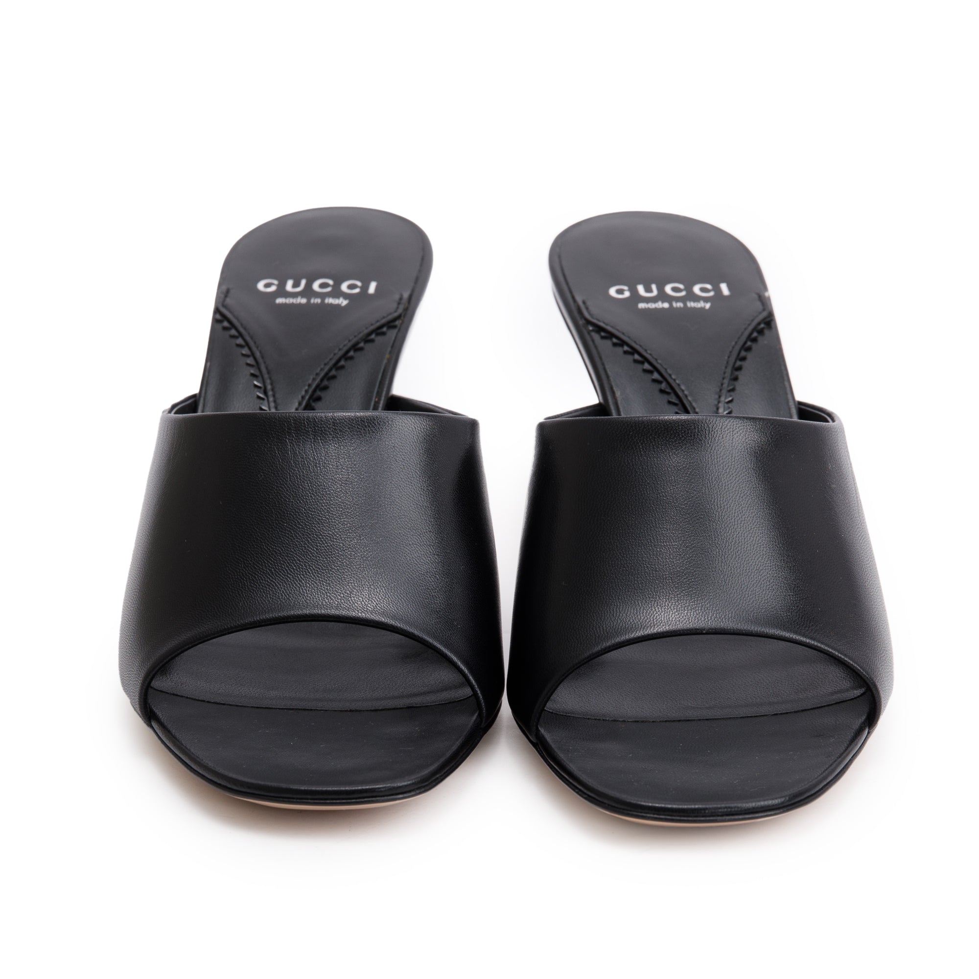 Gucci Black Calfskin Leather Interlocking G Heel Bella Sandals, Size 39 w/ Box