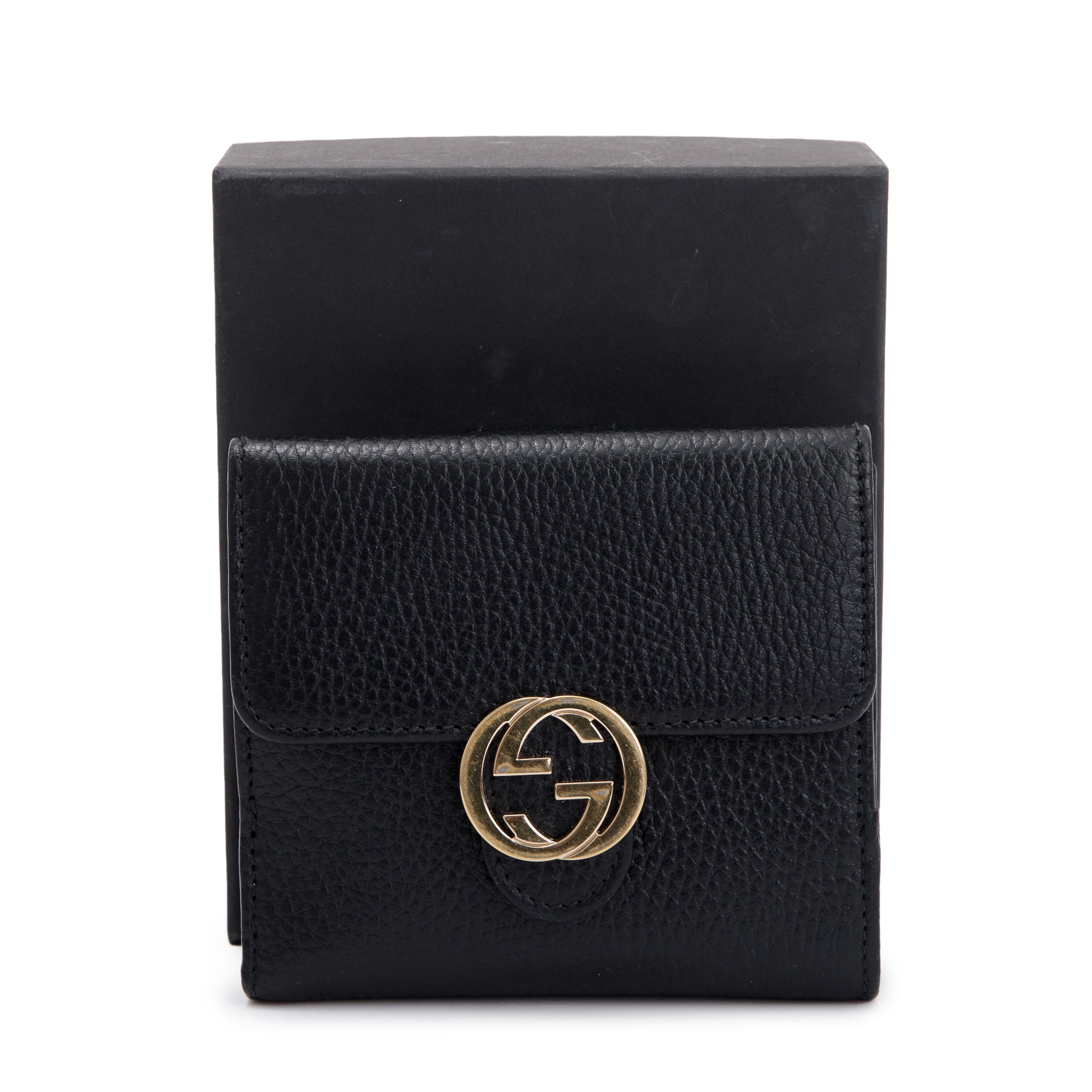 Gucci Black Calfskin Leather Interlocking G Logo Dollar French Wallet w/ Box