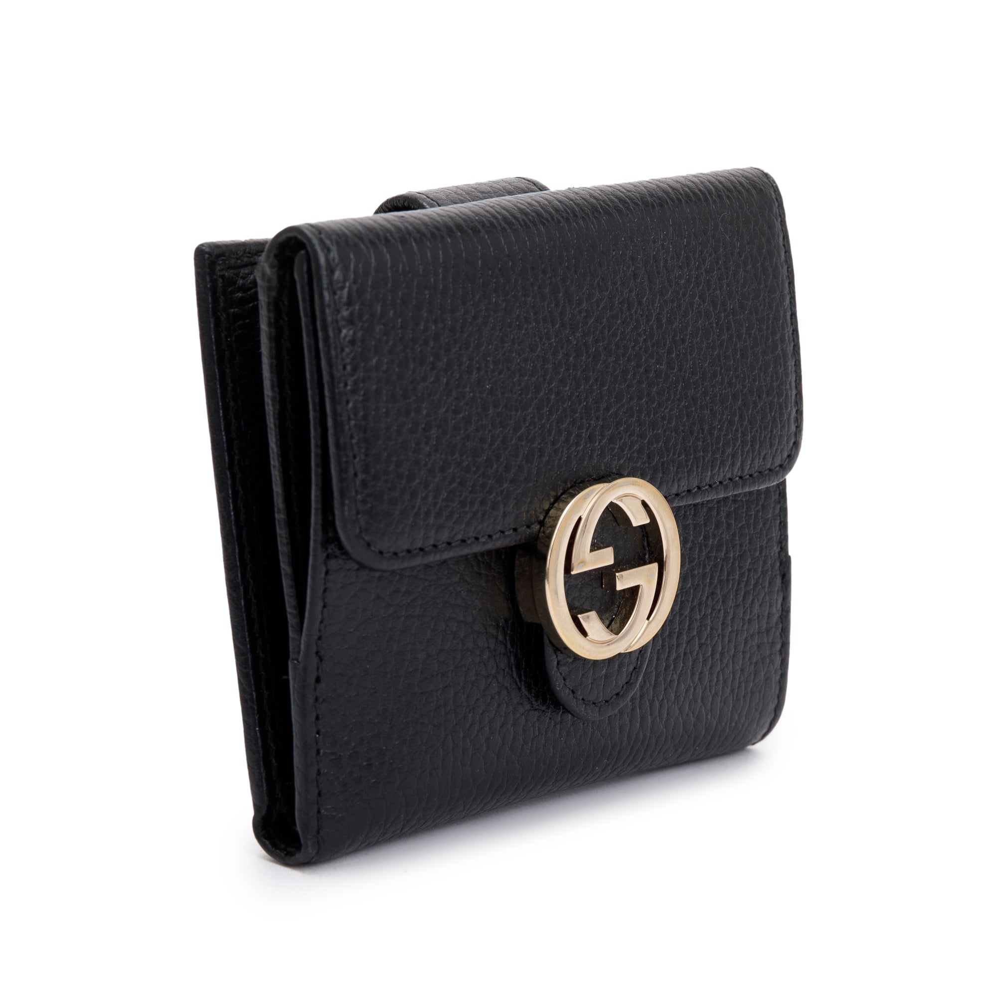 Gucci Black Calfskin Leather Interlocking G Logo Dollar French Wallet w/ Box