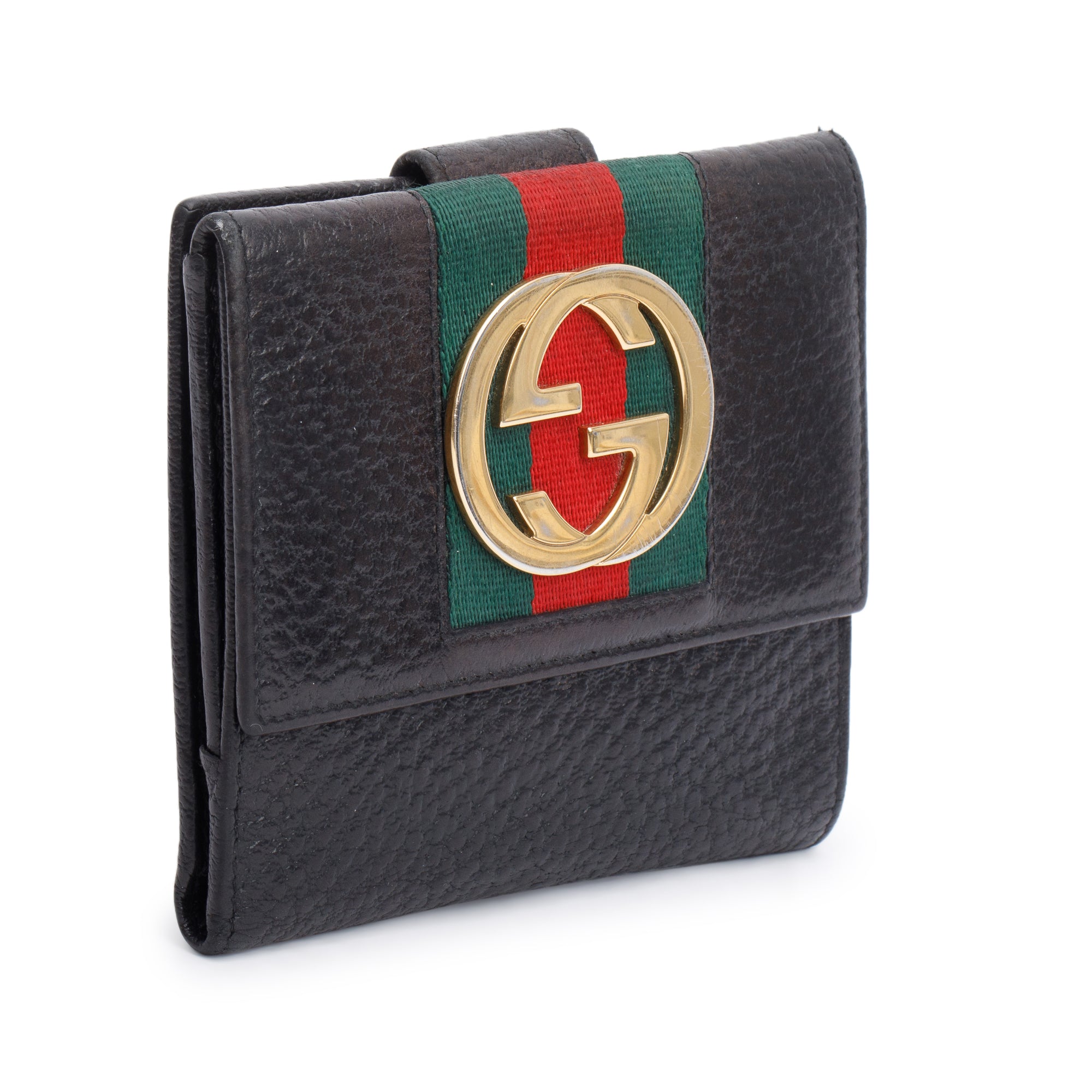 Gucci Black Calfskin Leather Web Interlocking G Logo Dollar French Flap Wallet