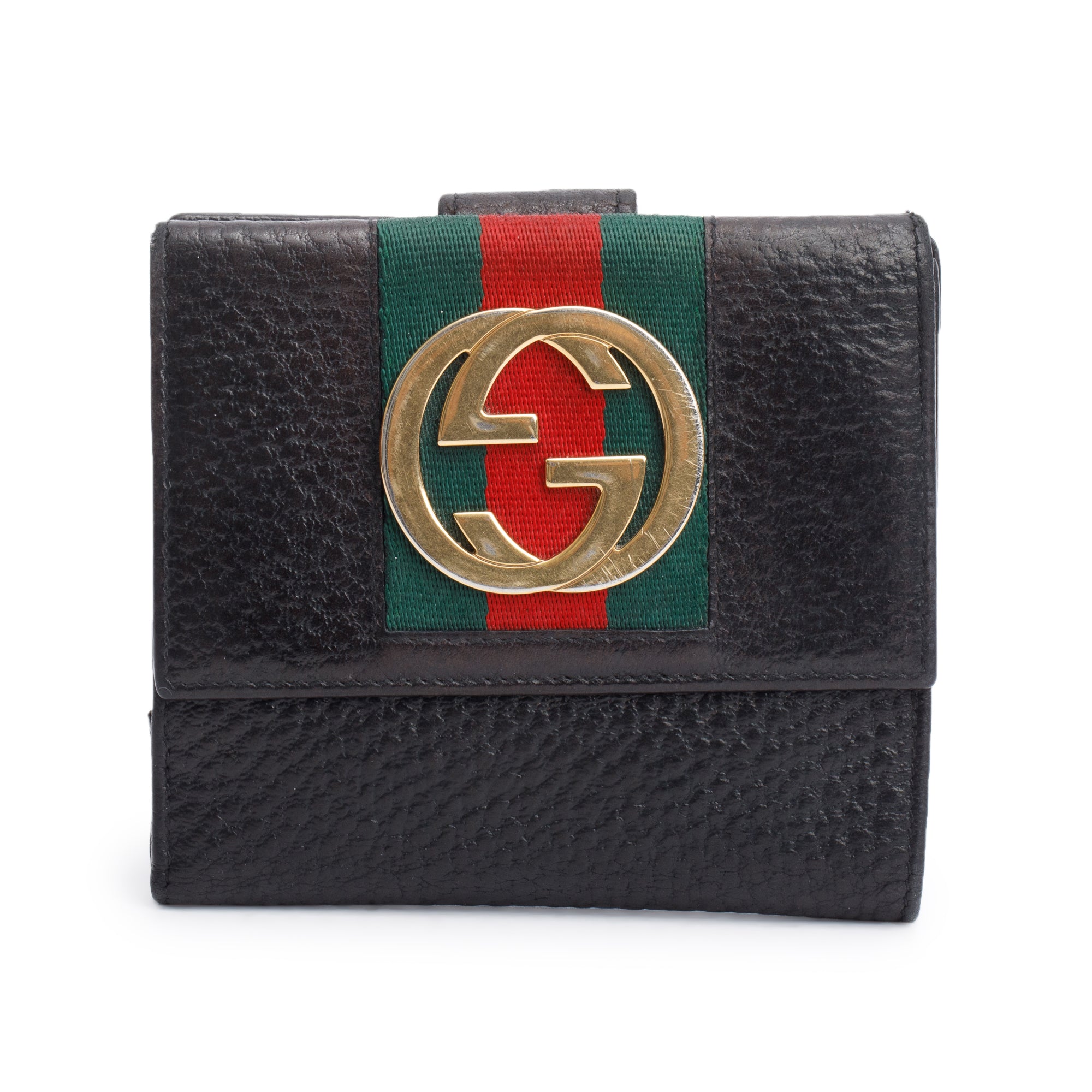 Gucci Black Calfskin Leather Web Interlocking G Logo Dollar French Flap Wallet
