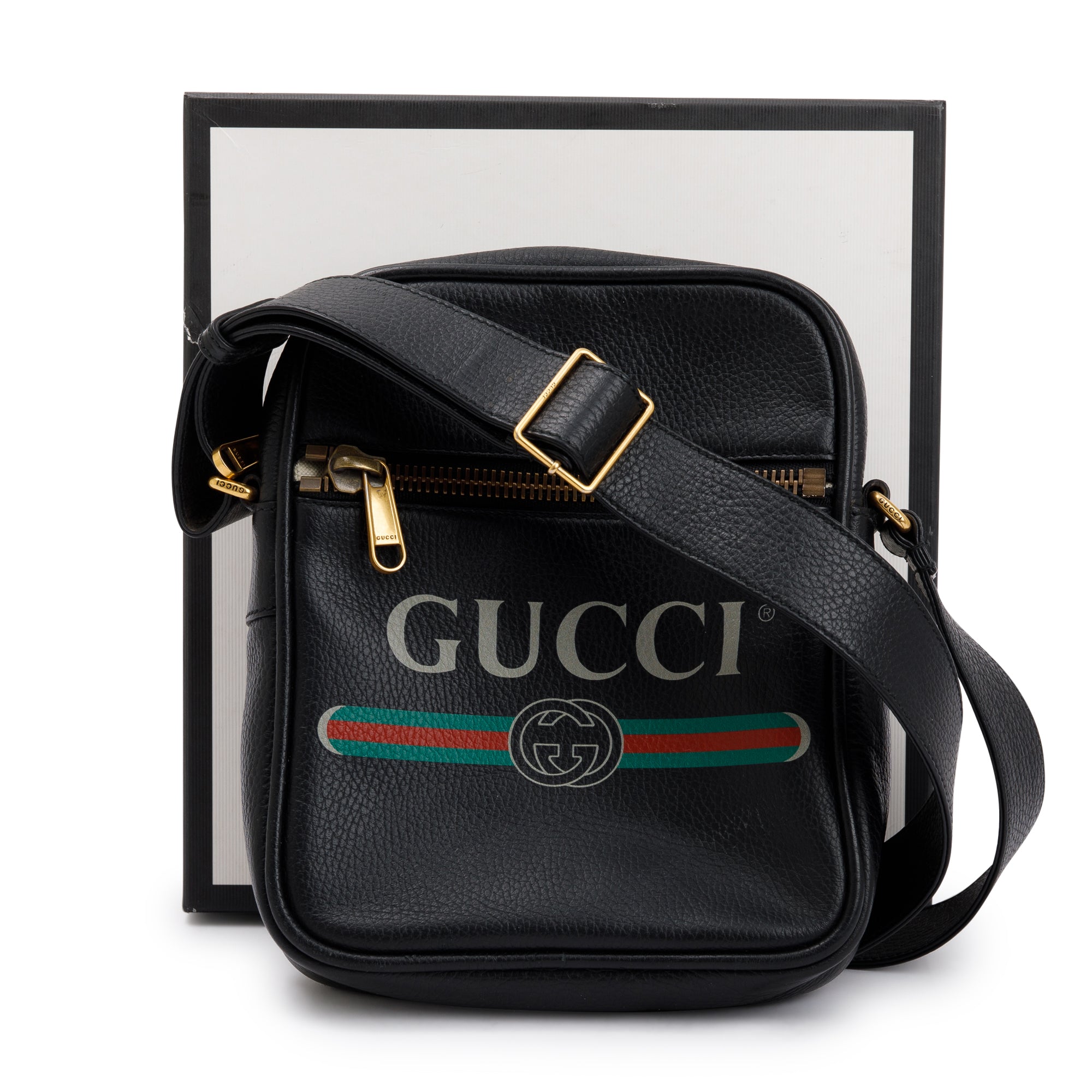 Gucci Black Calfskin Leather Web Logo Messenger Bag w/ Box