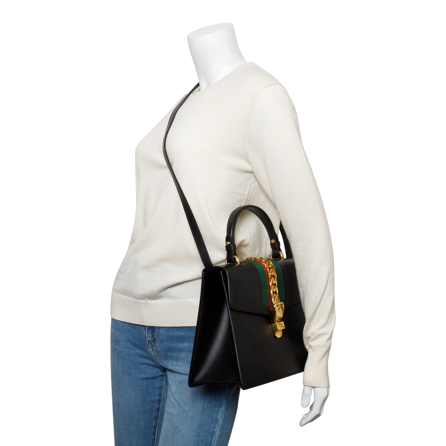 Gucci Black Calfskin Leather Web Medium Sylvie Handle Bag