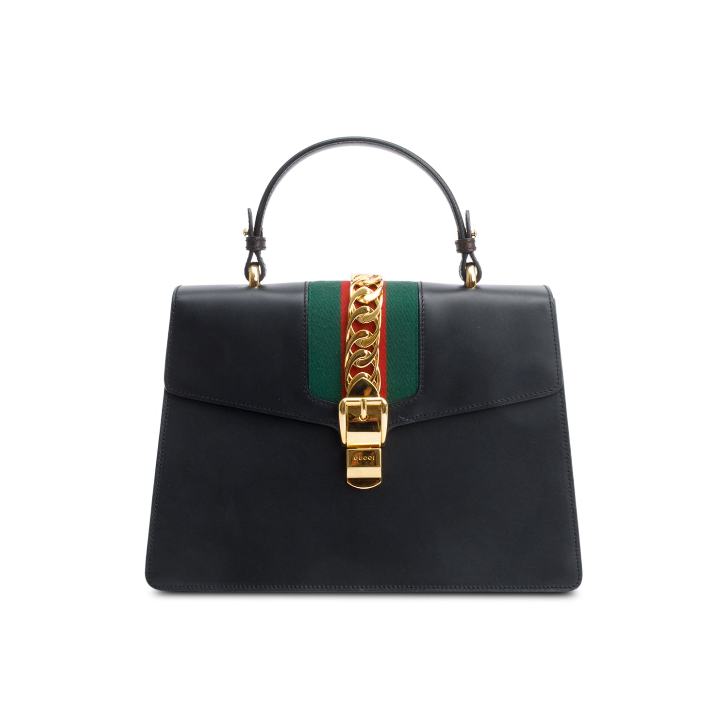 Gucci Black Calfskin Leather Web Medium Sylvie Handle Bag