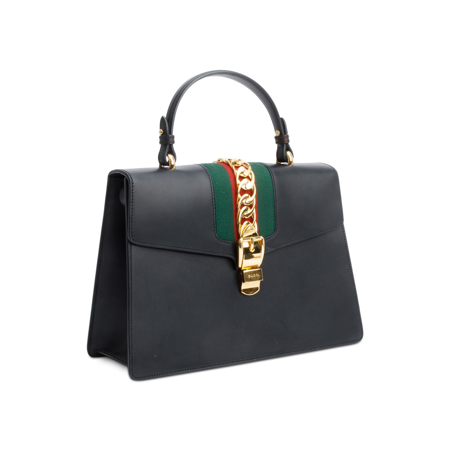 Gucci Black Calfskin Leather Web Medium Sylvie Handle Bag