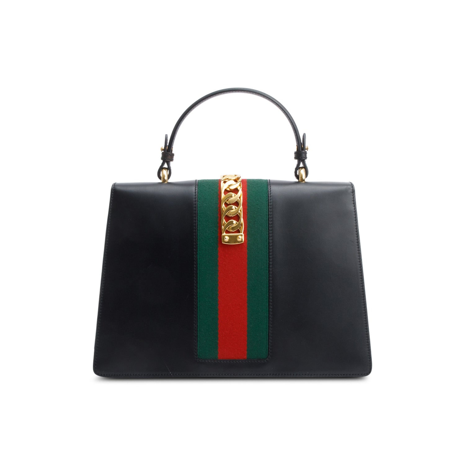 Gucci Black Calfskin Leather Web Medium Sylvie Handle Bag