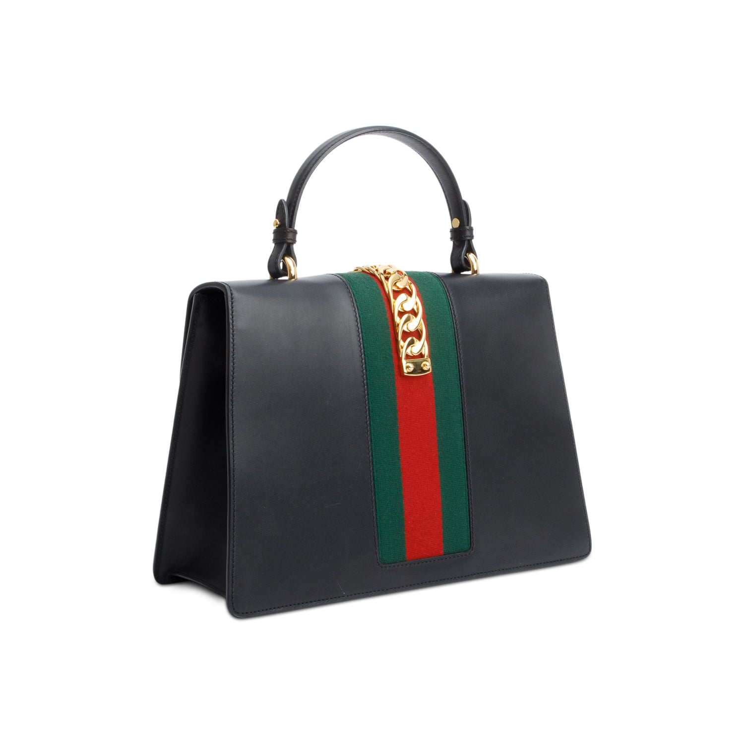 Gucci Black Calfskin Leather Web Medium Sylvie Handle Bag