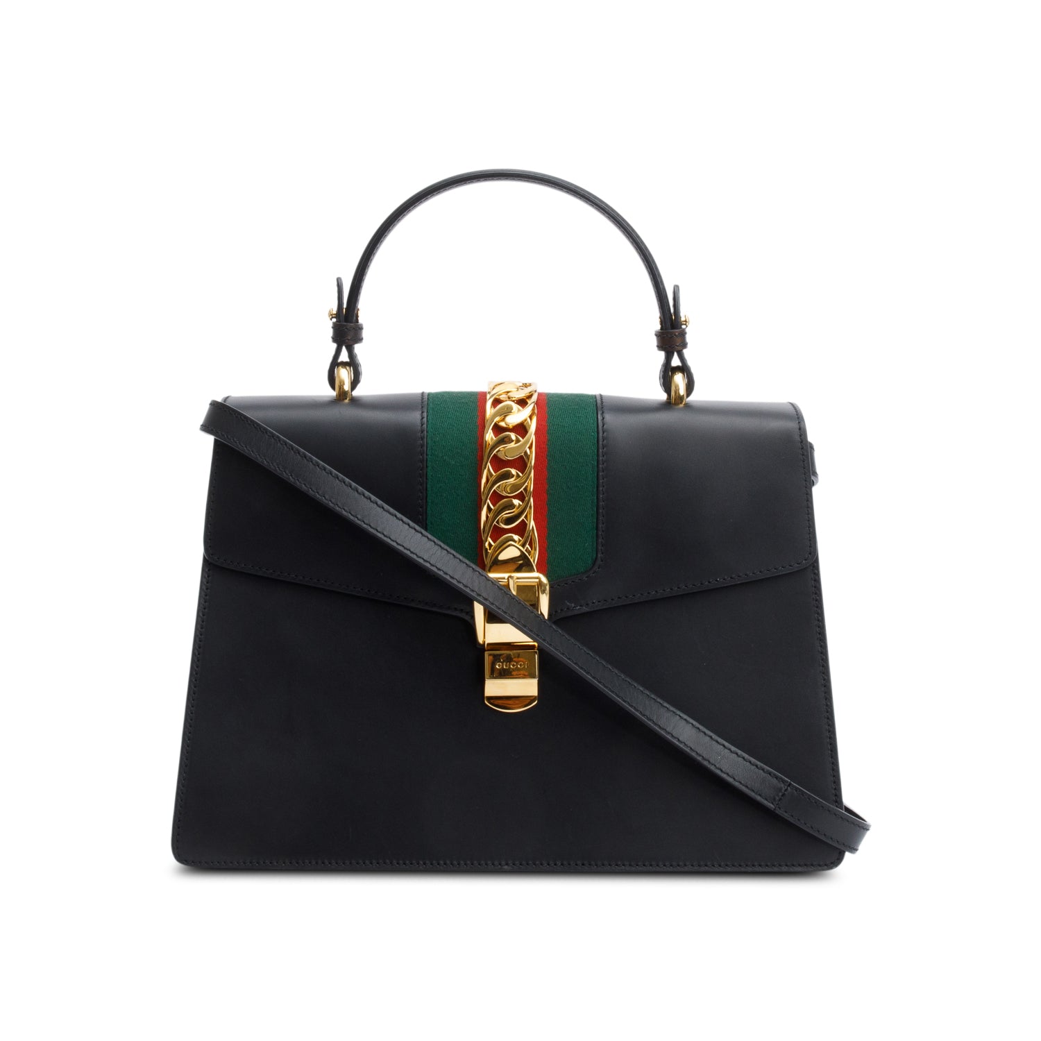 Gucci Black Calfskin Leather Web Medium Sylvie Handle Bag