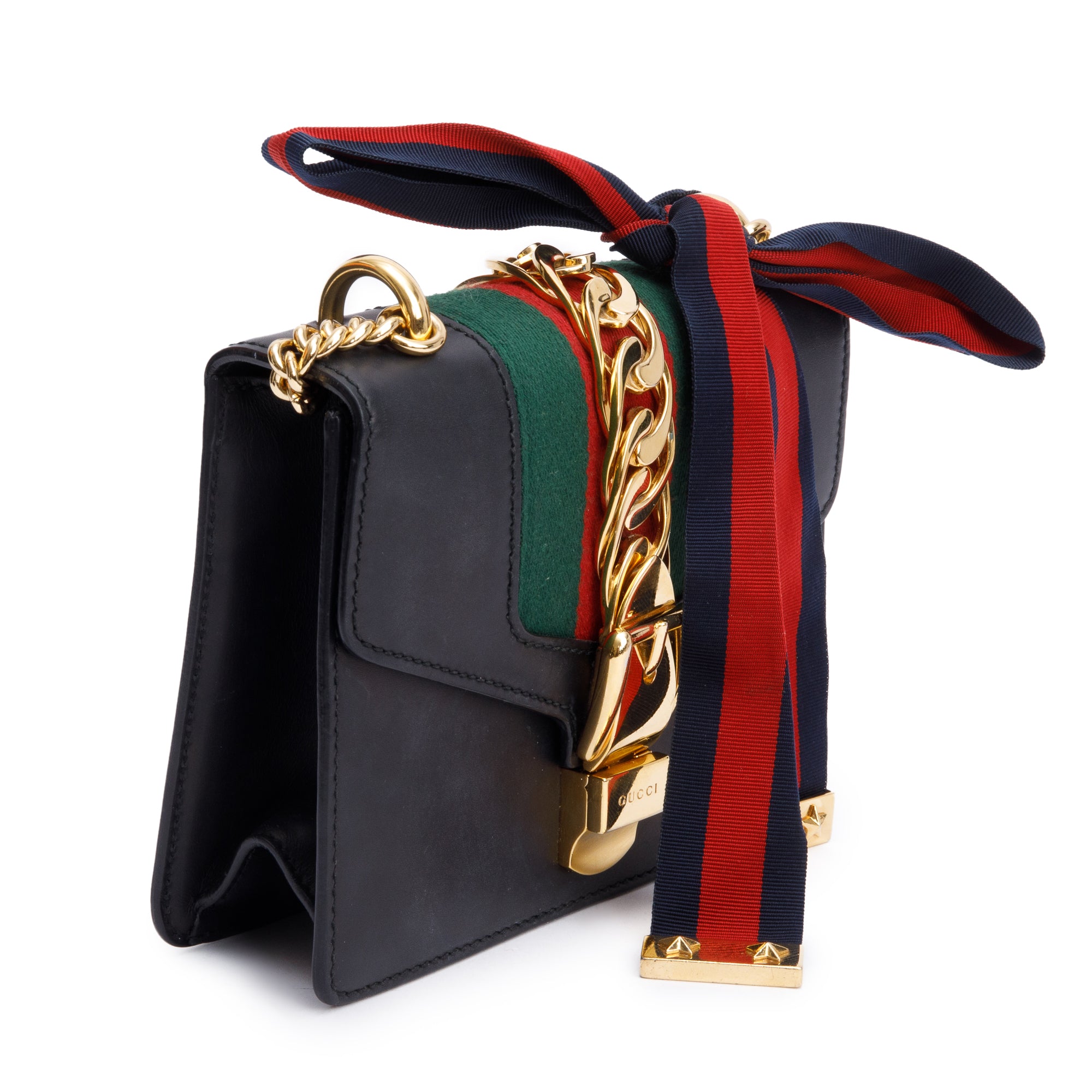 Gucci Black Calfskin Leather Web Mini Sylvie Chain Shoulder Bag