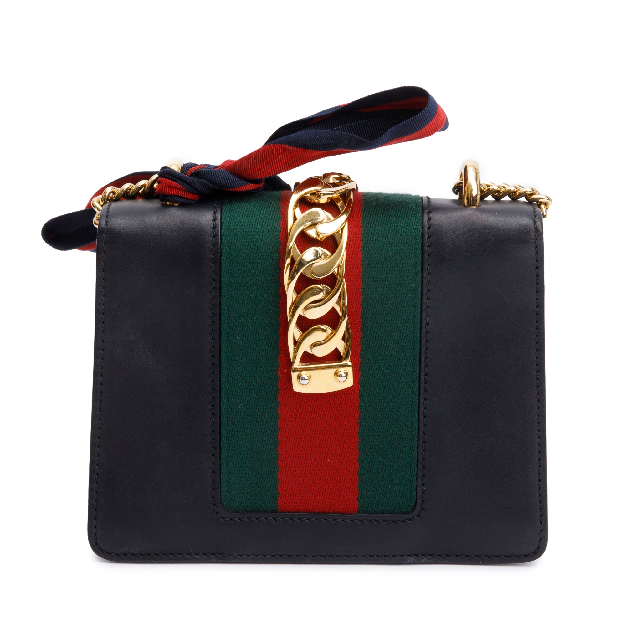 Gucci Black Calfskin Leather Web Mini Sylvie Chain Shoulder Bag