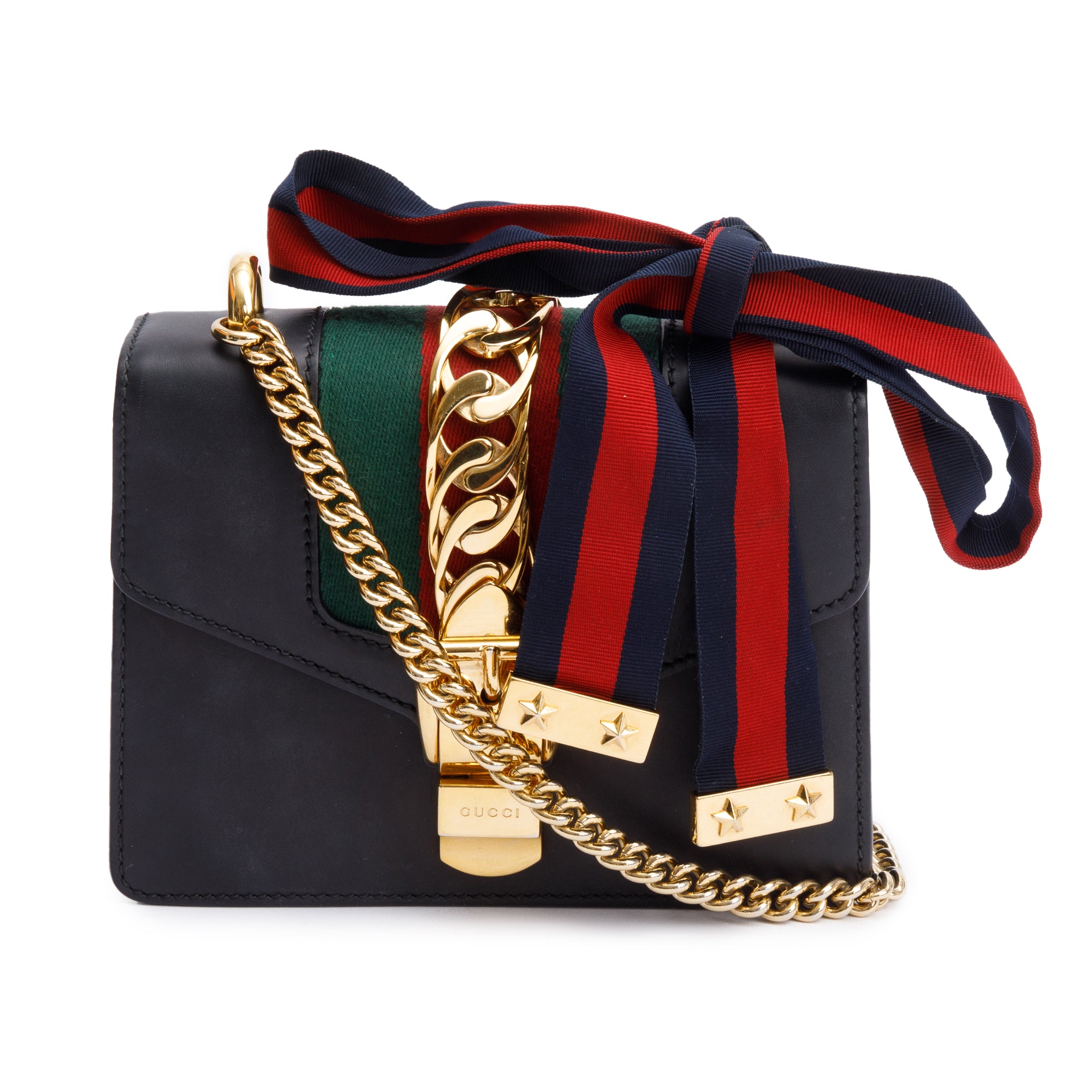 Gucci Black Calfskin Leather Web Mini Sylvie Chain Shoulder Bag