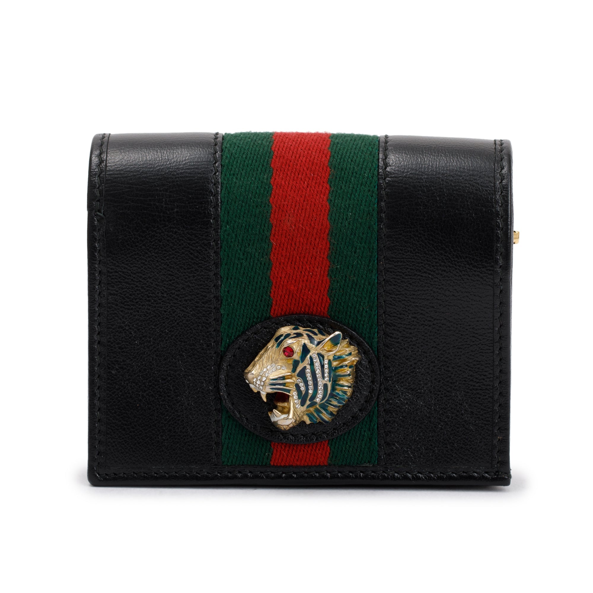 Gucci Black Calfskin Leather Web Rajah Chain Card Case Wallet