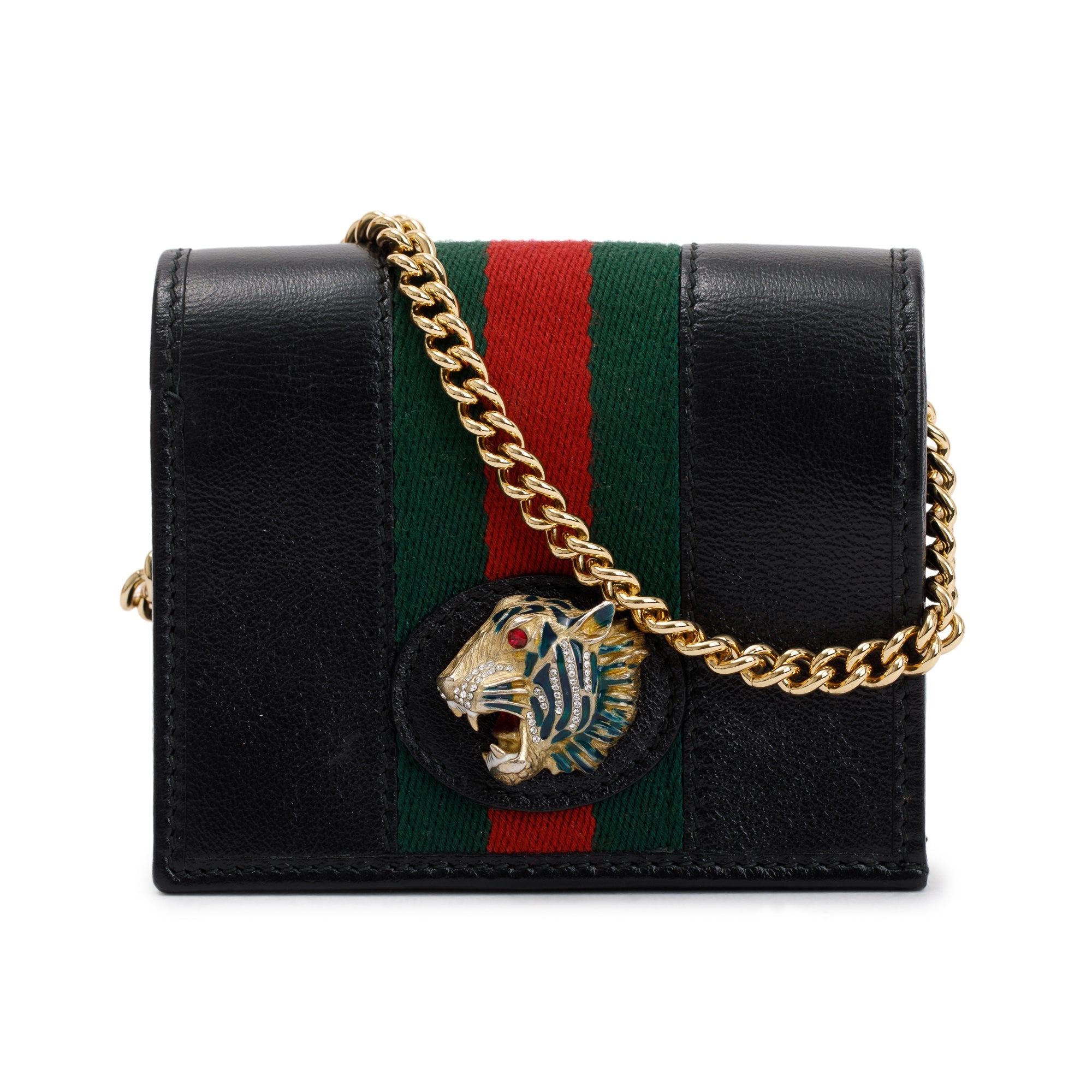 Gucci Black Calfskin Leather Web Rajah Chain Card Case Wallet