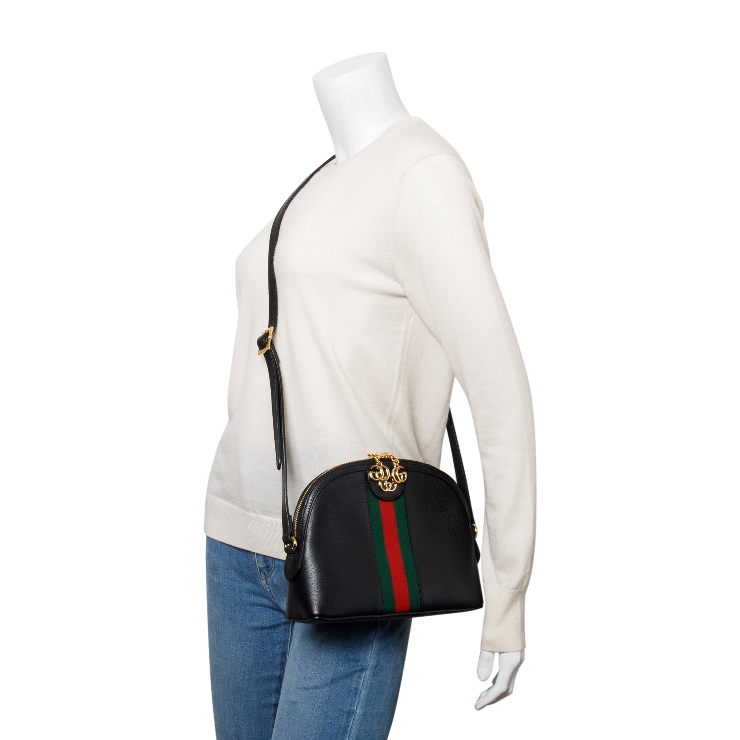 Gucci Black Calfskin Leather Web Small Ophidia Dome Crossbody Bag w/ Box