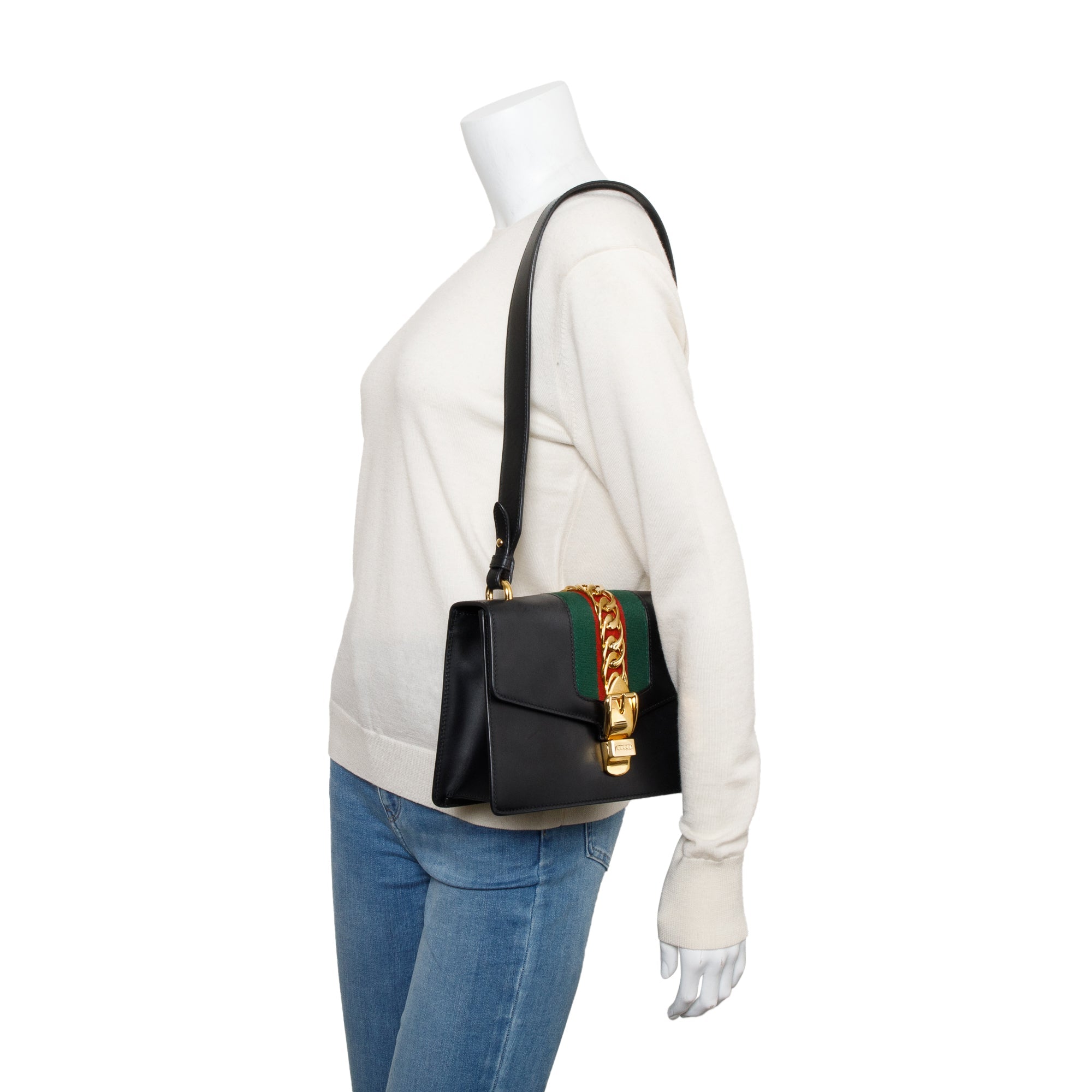 Gucci Black Calfskin Leather Web Small Sylvie Shoulder Bag