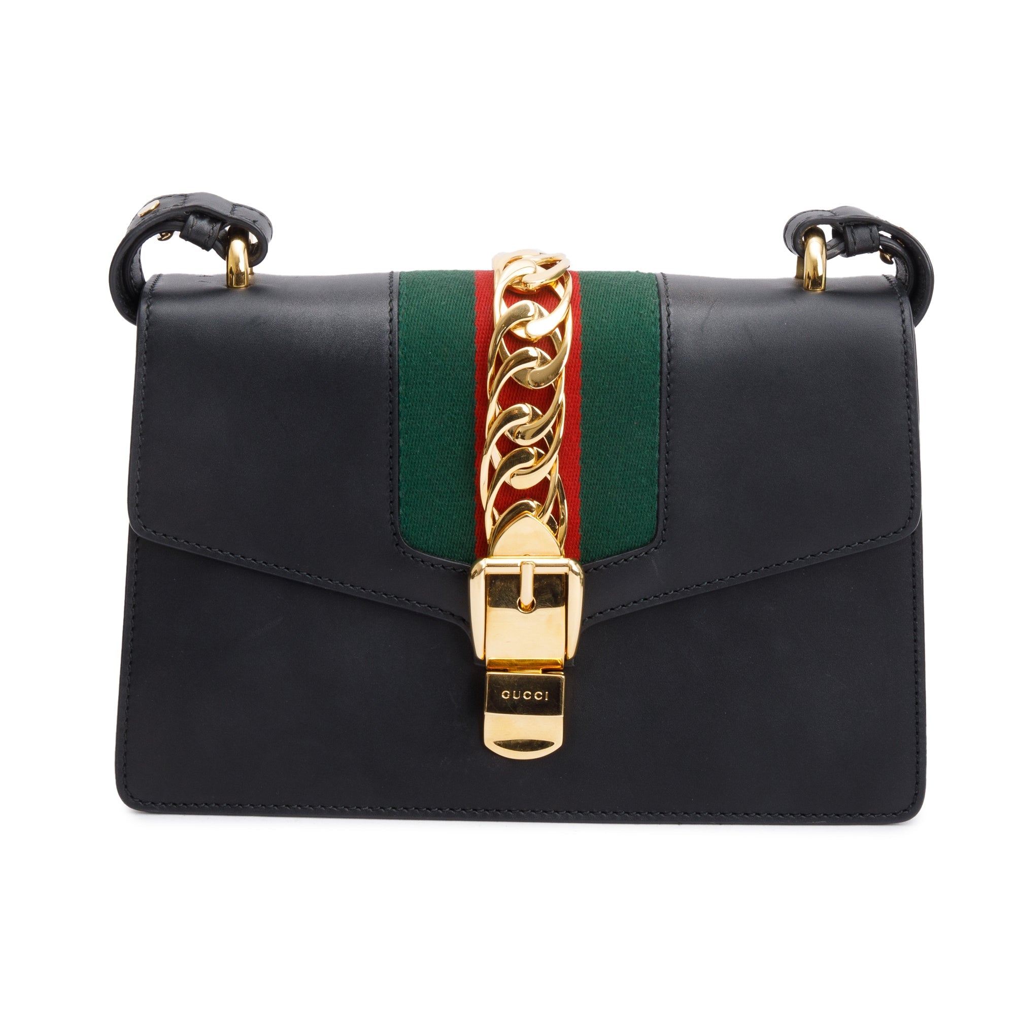 Gucci Black Calfskin Leather Web Small Sylvie Shoulder Bag