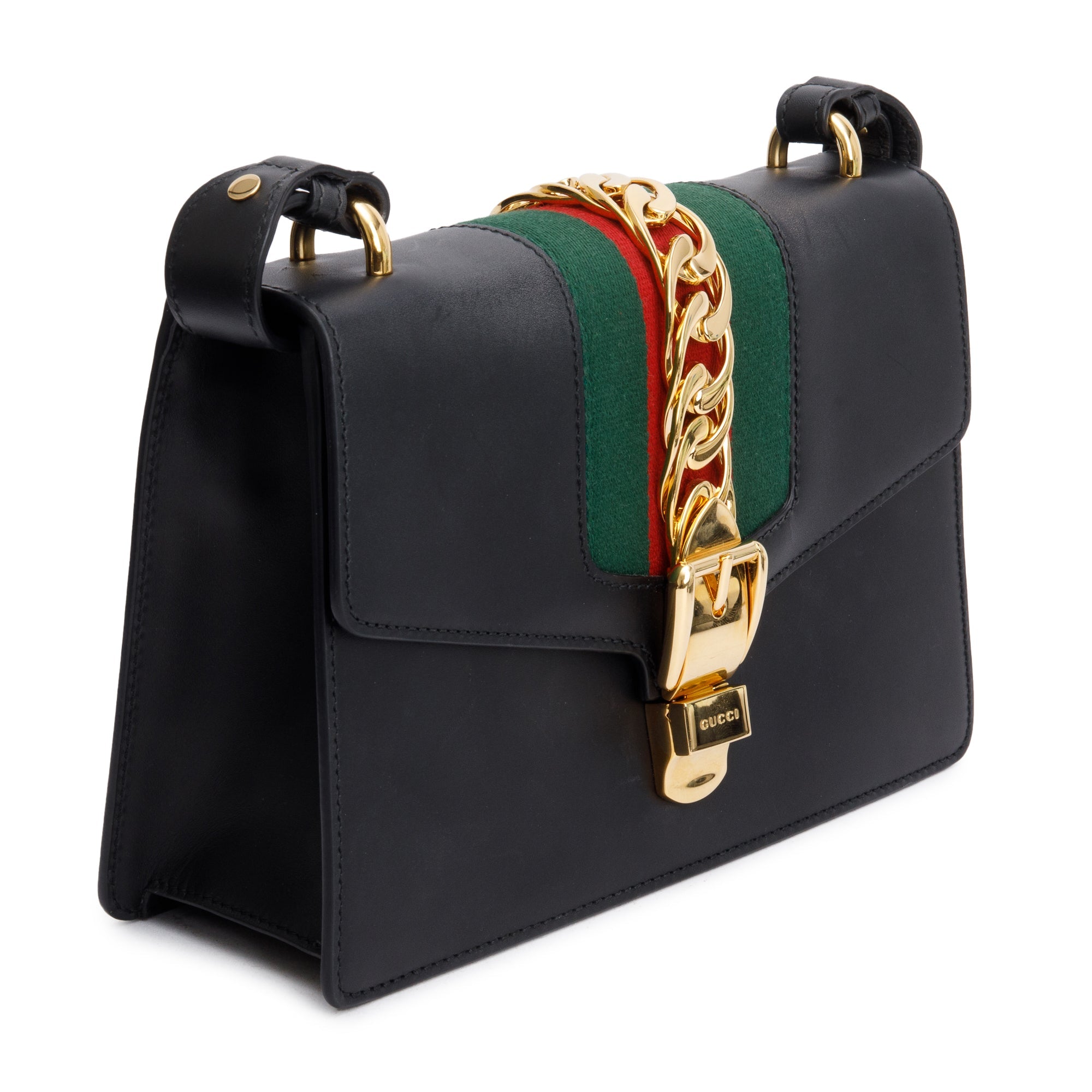 Gucci Black Calfskin Leather Web Small Sylvie Shoulder Bag