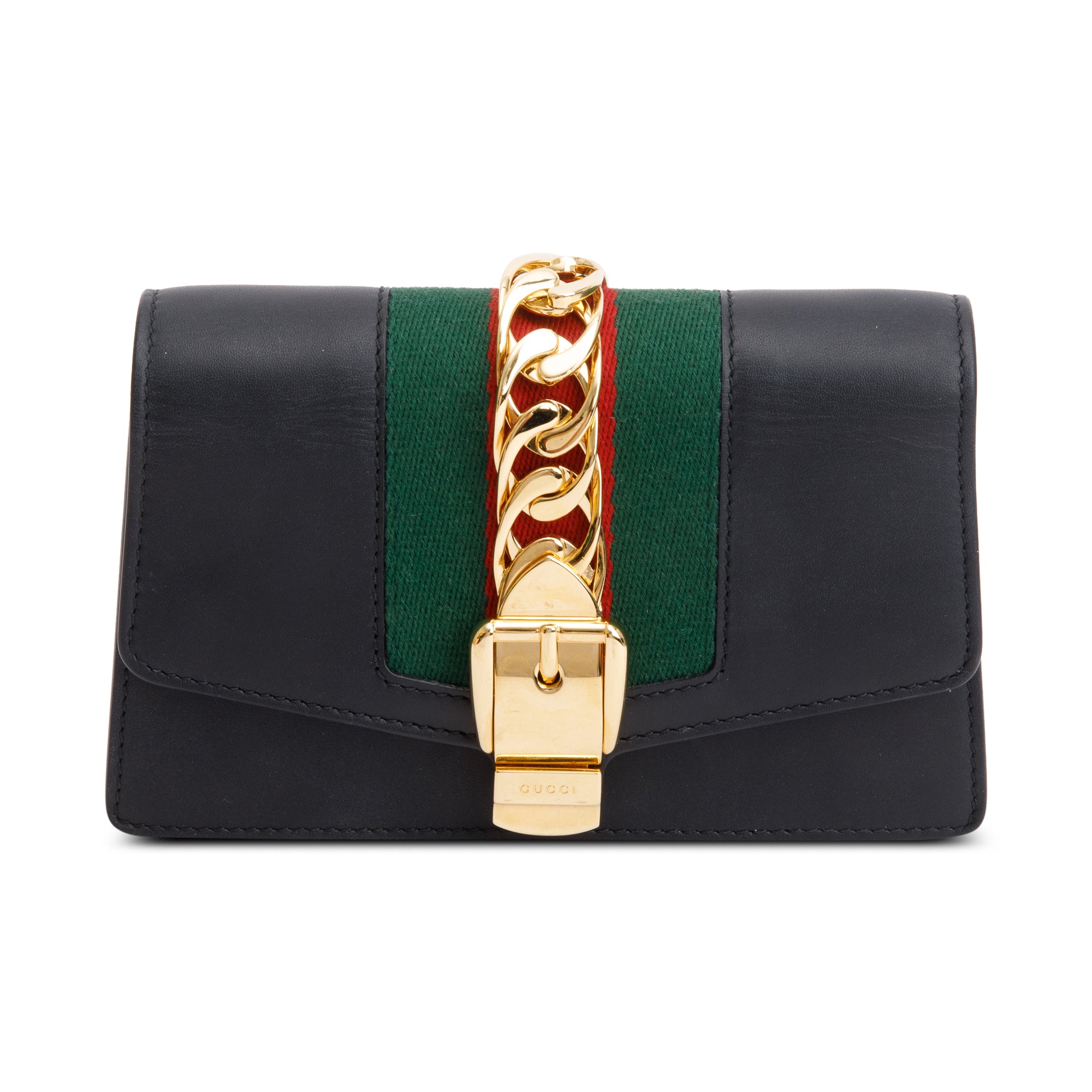 Gucci Black Calfskin Leather Web Super Mini Sylvie Chain Shoulder Bag