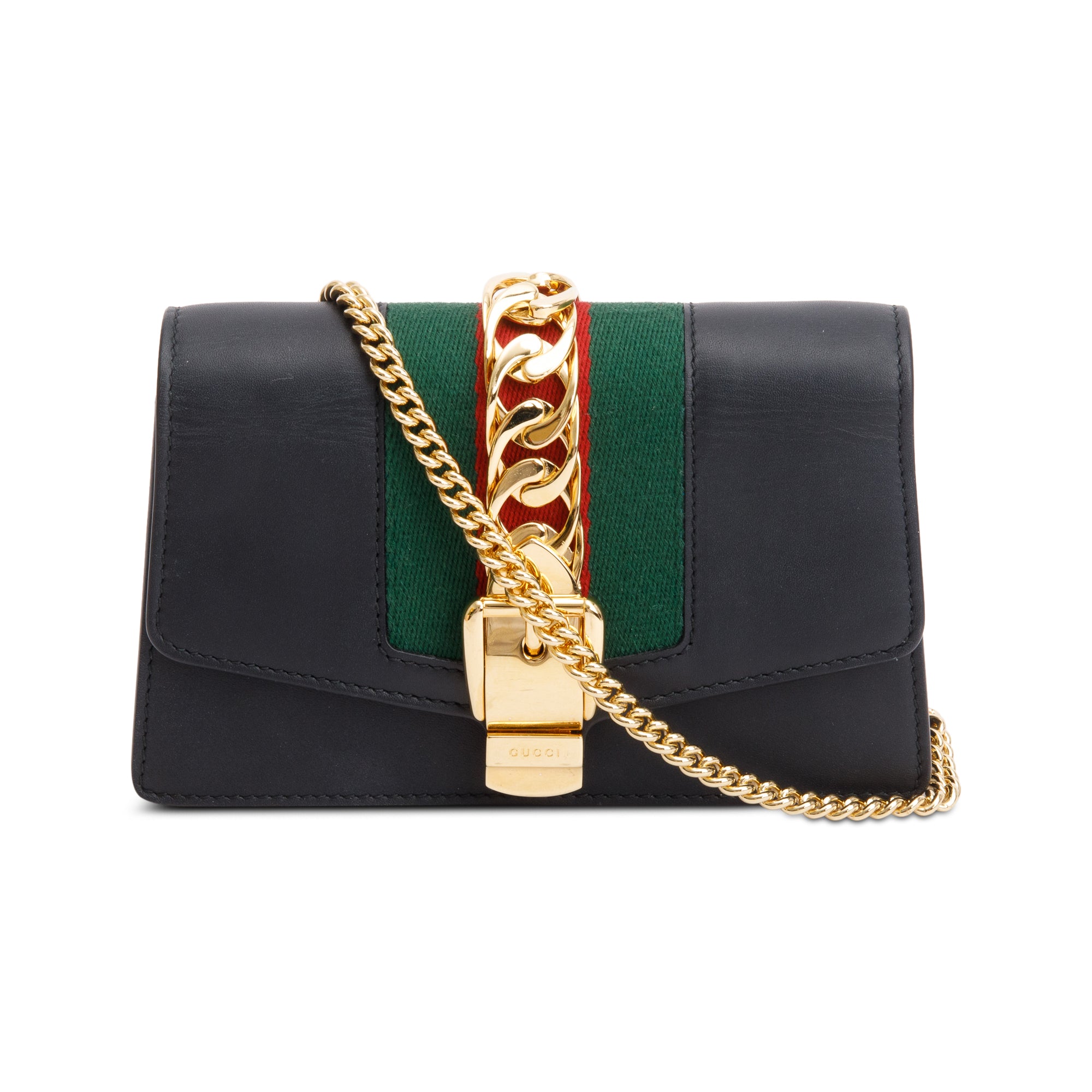 Gucci Black Calfskin Leather Web Super Mini Sylvie Chain Shoulder Bag