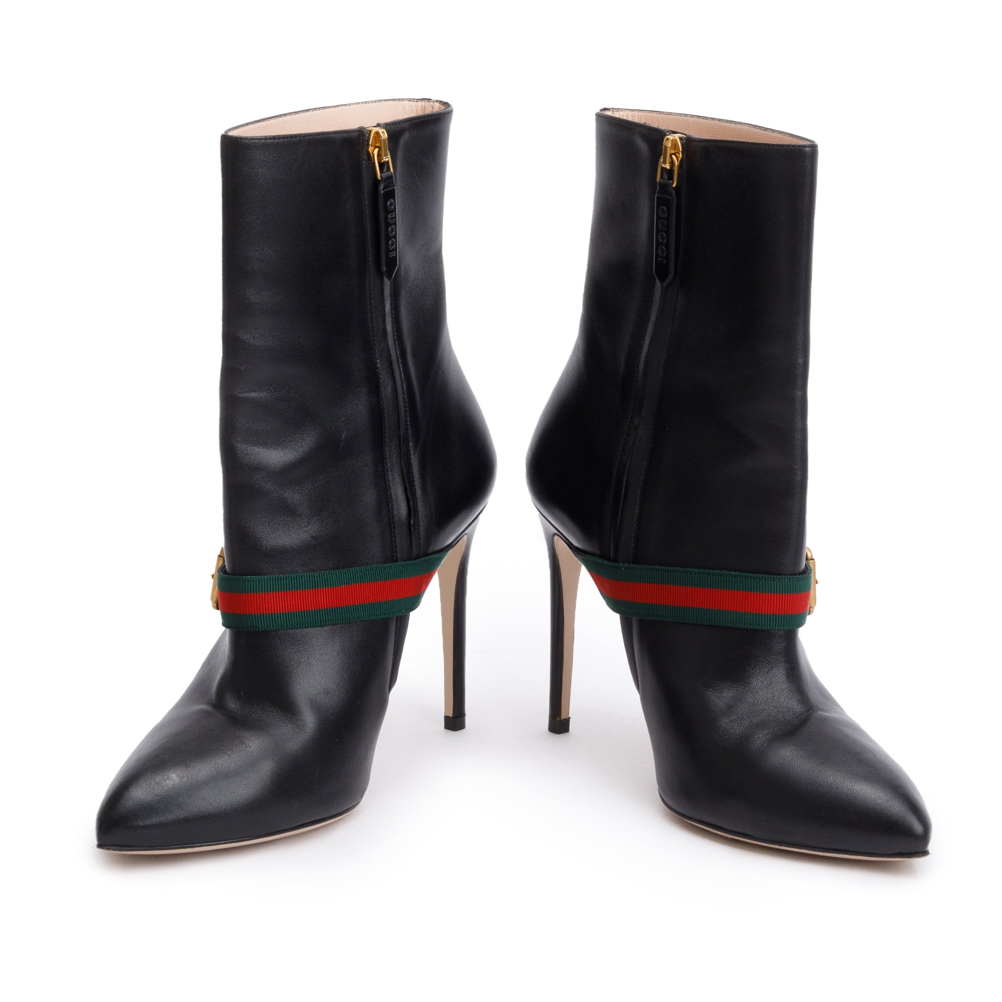 Gucci Black Calfskin Leather Web Sylvie Ankle Boots, Size 38