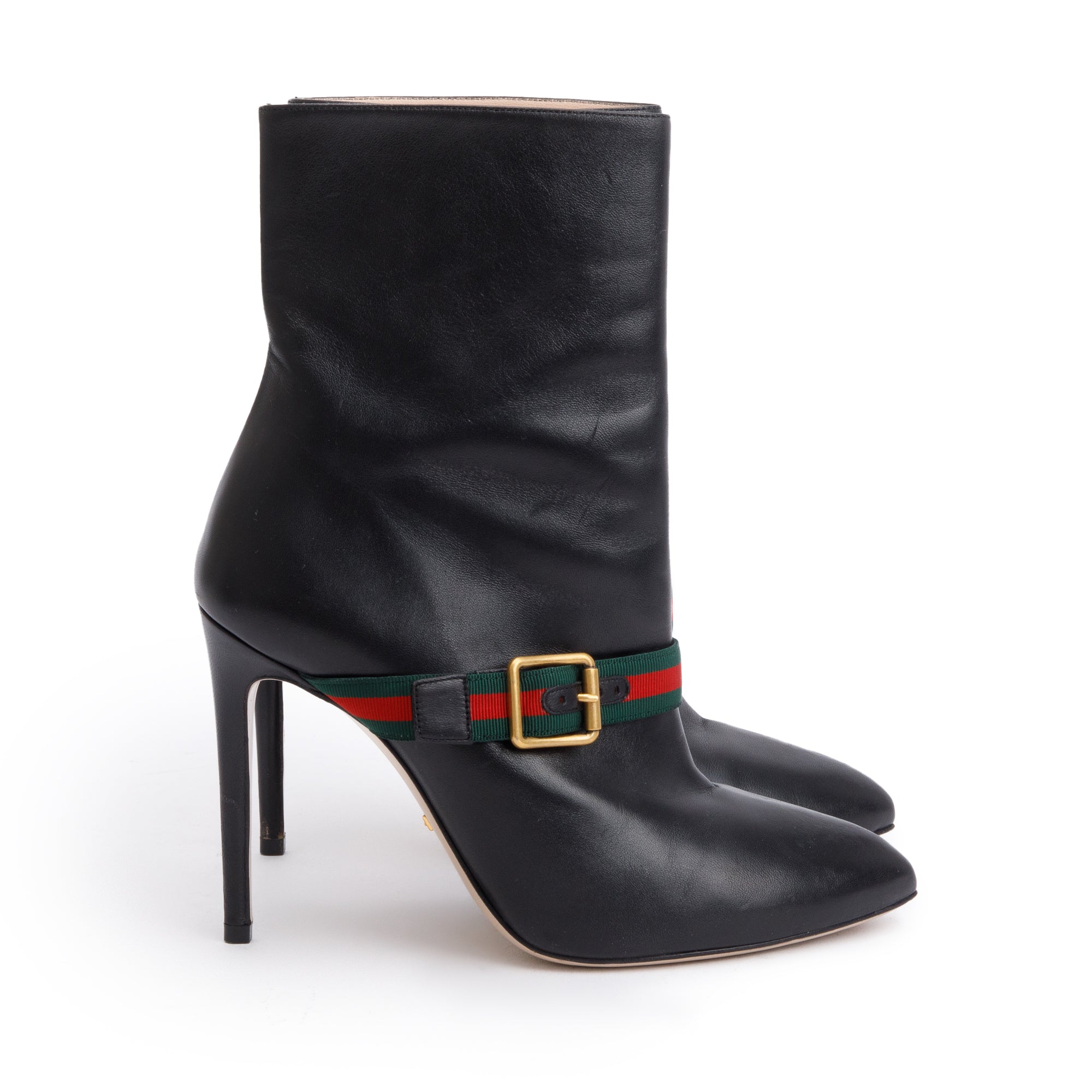 Gucci Black Calfskin Leather Web Sylvie Ankle Boots, Size 38