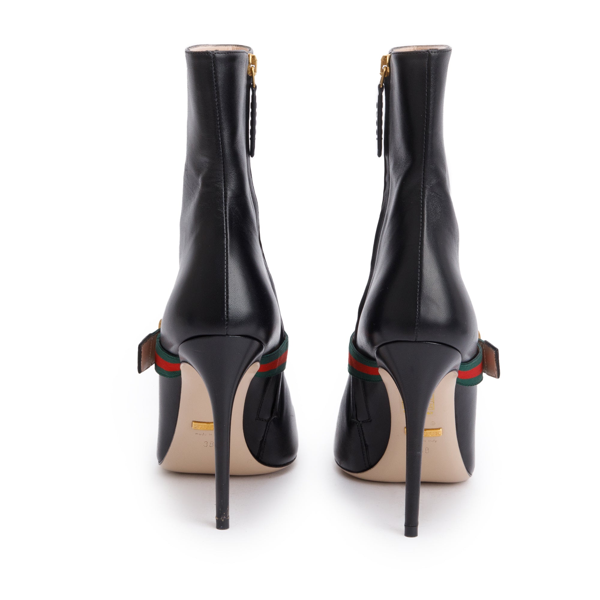 Gucci Black Calfskin Leather Web Sylvie Ankle Boots, Size 38