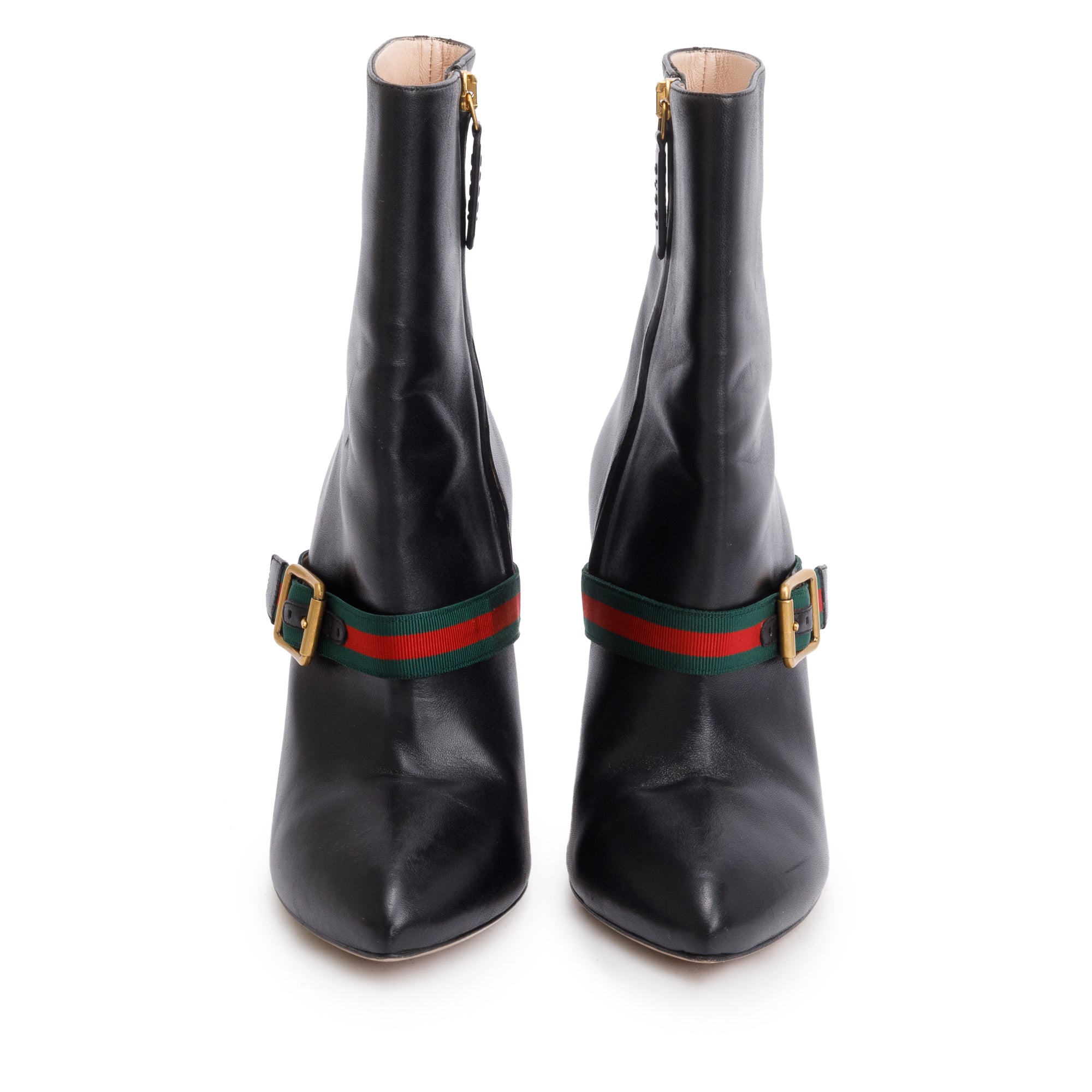 Gucci Black Calfskin Leather Web Sylvie Ankle Boots, Size 38