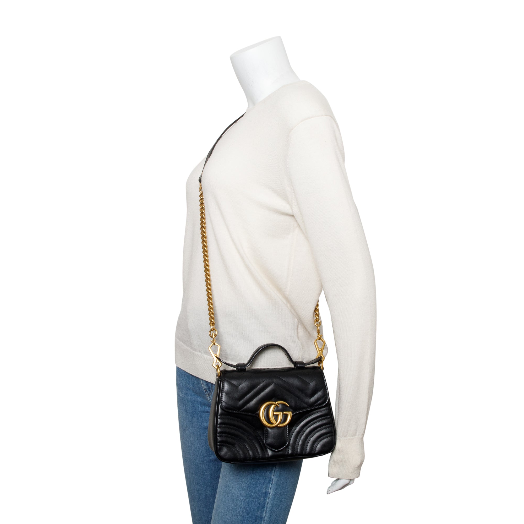 Gucci Black Calfskin Matelasse GG Marmont Mini Top Handle Shoulder Bag w/ Strap