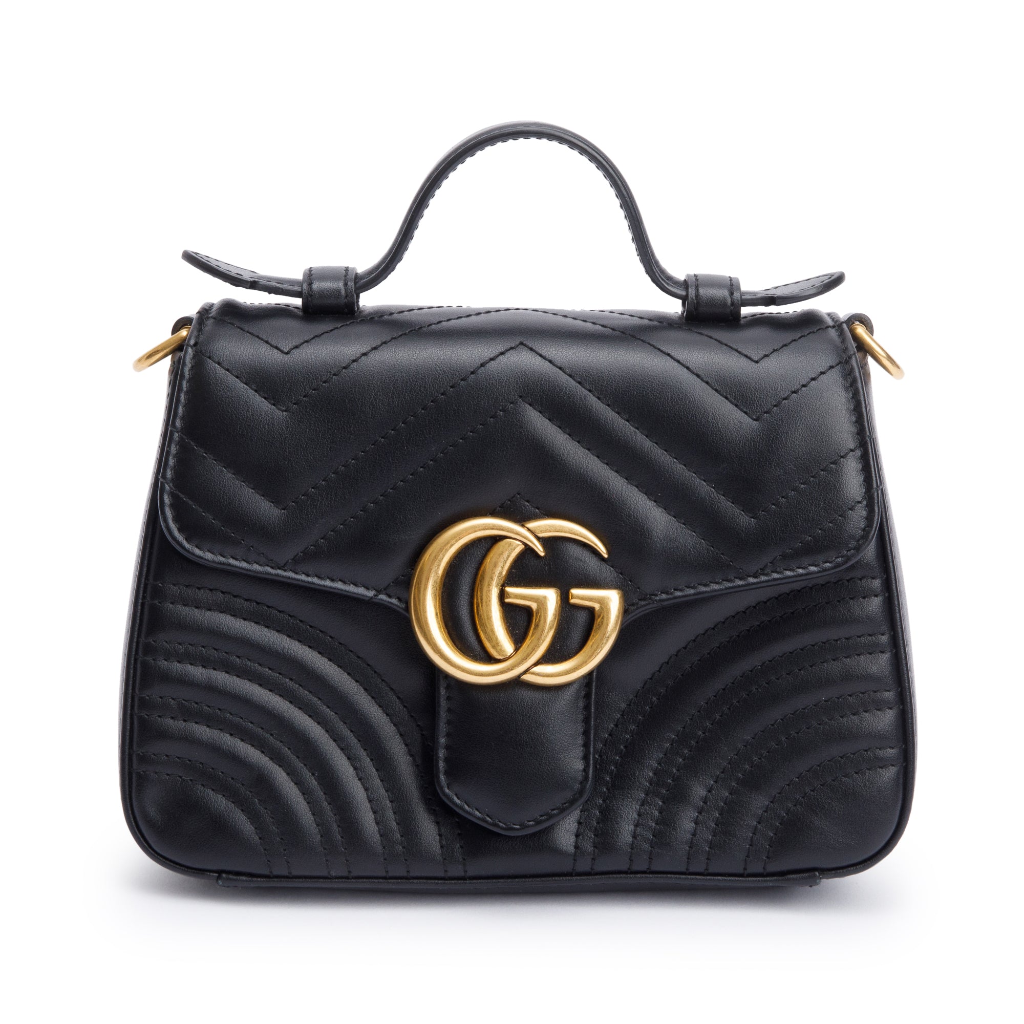 Gucci Black Calfskin Matelasse GG Marmont Mini Top Handle Shoulder Bag w/ Strap