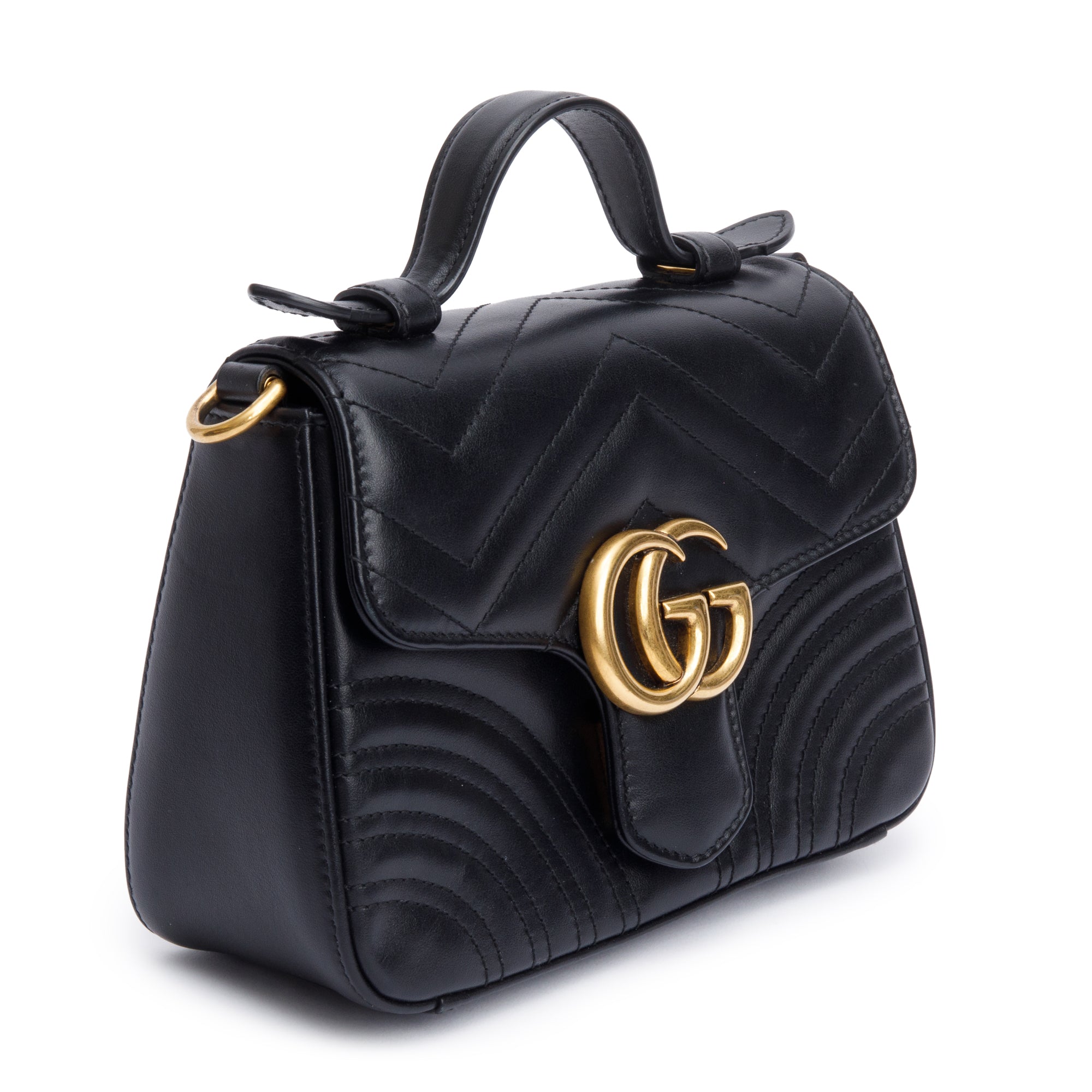 Gucci Black Calfskin Matelasse GG Marmont Mini Top Handle Shoulder Bag w/ Strap