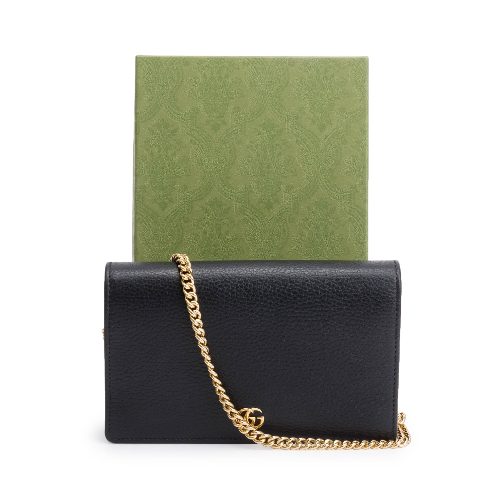 Gucci Black Calfskin Mini GG Marmont Wallet On Chain w/ Box