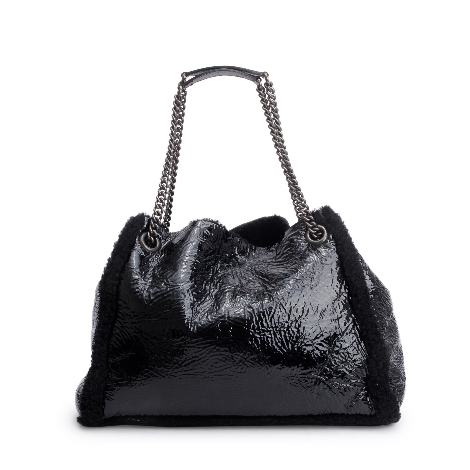 Gucci Black Crushed Patent Leather Shearling Trim Medium Soho Chain Tote w/ Pouch