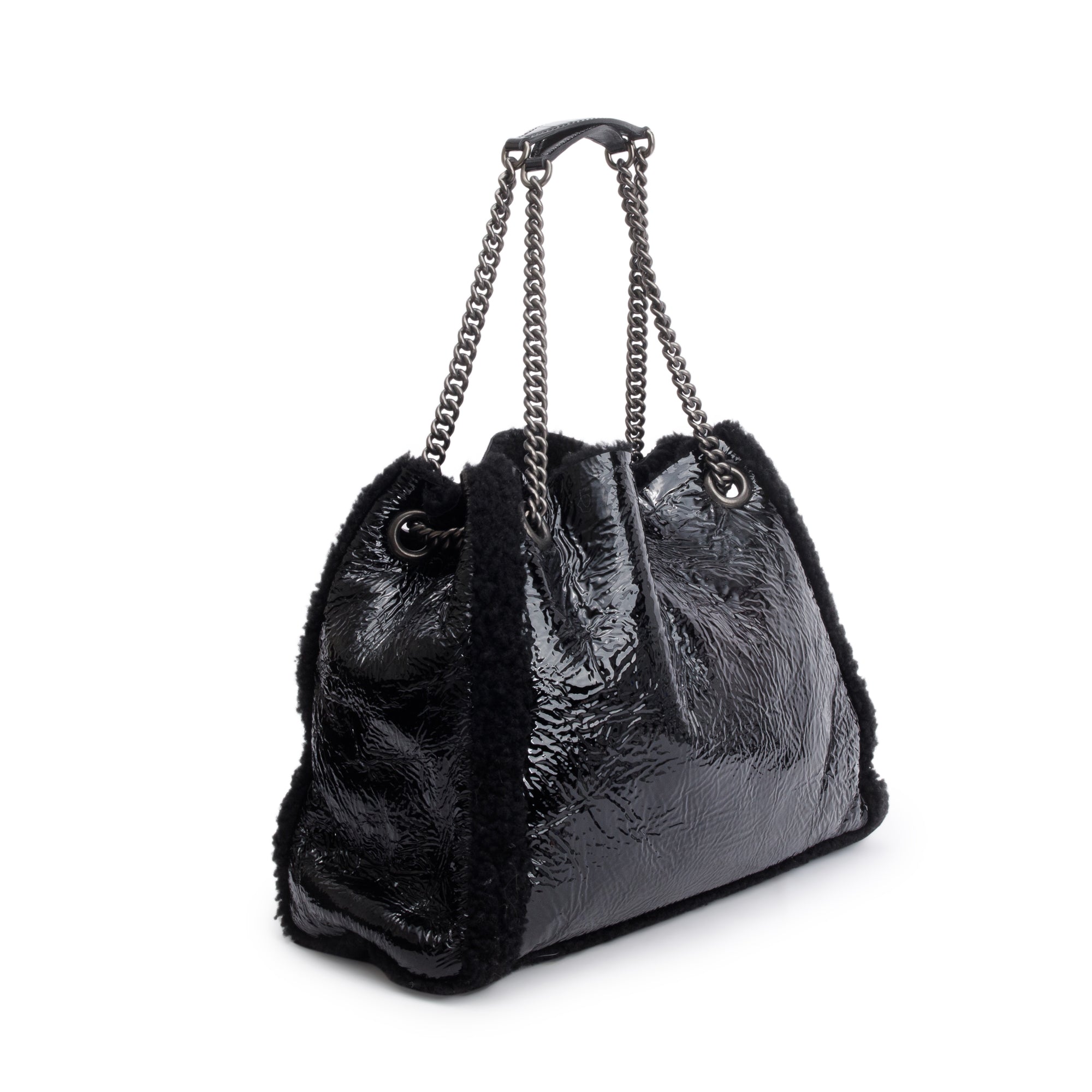 Gucci Black Crushed Patent Leather Shearling Trim Medium Soho Chain Tote w/ Pouch