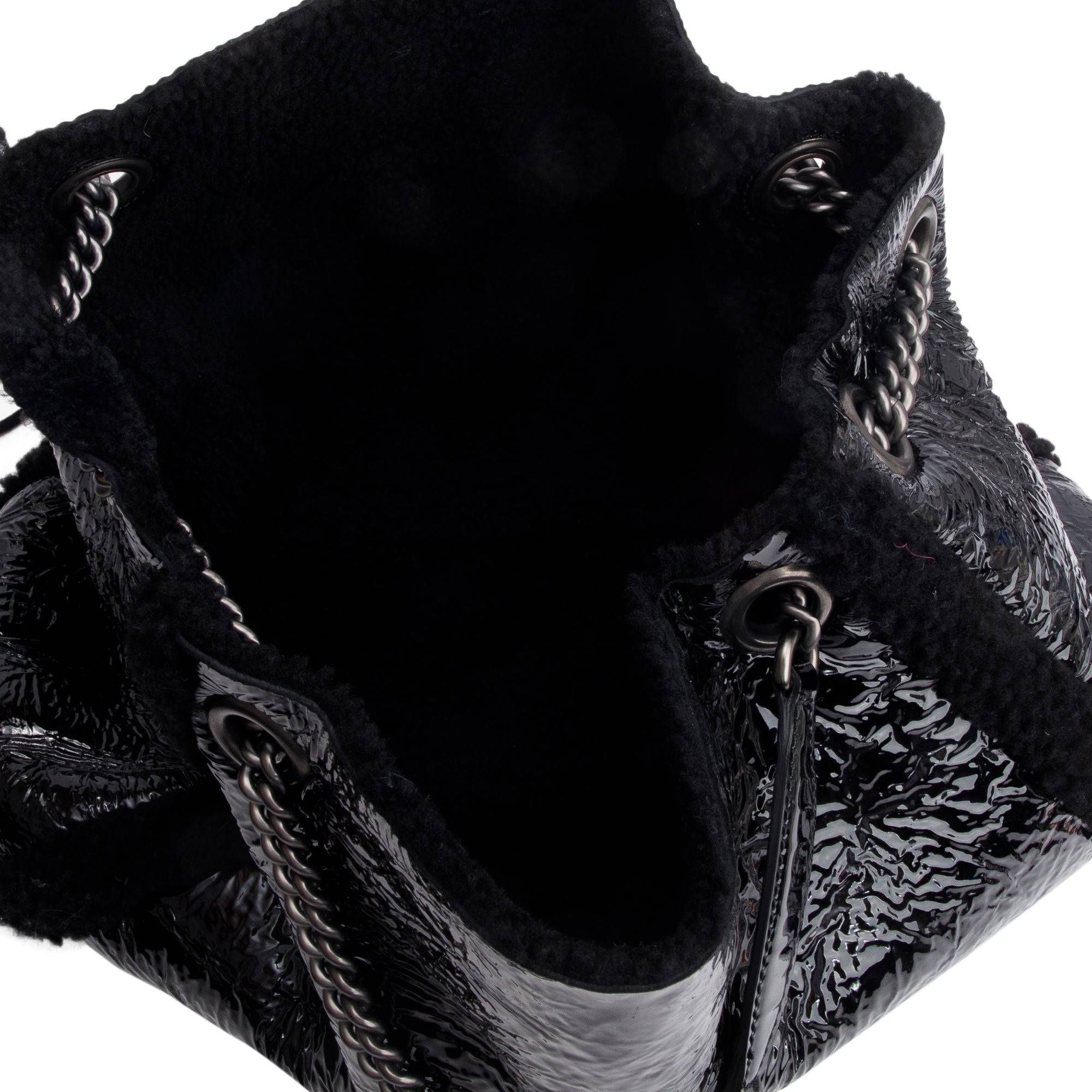 Gucci Black Crushed Patent Leather Shearling Trim Medium Soho Chain Tote w/ Pouch