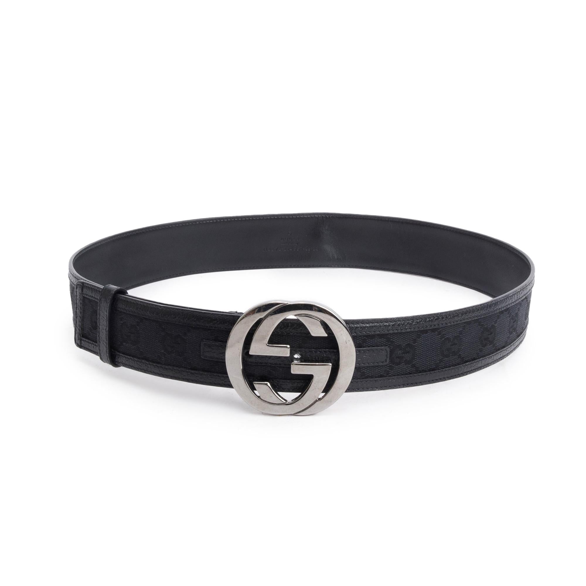 Gucci Black GG Canvas & Leather Belt With Interlocking G Buckle 85 34