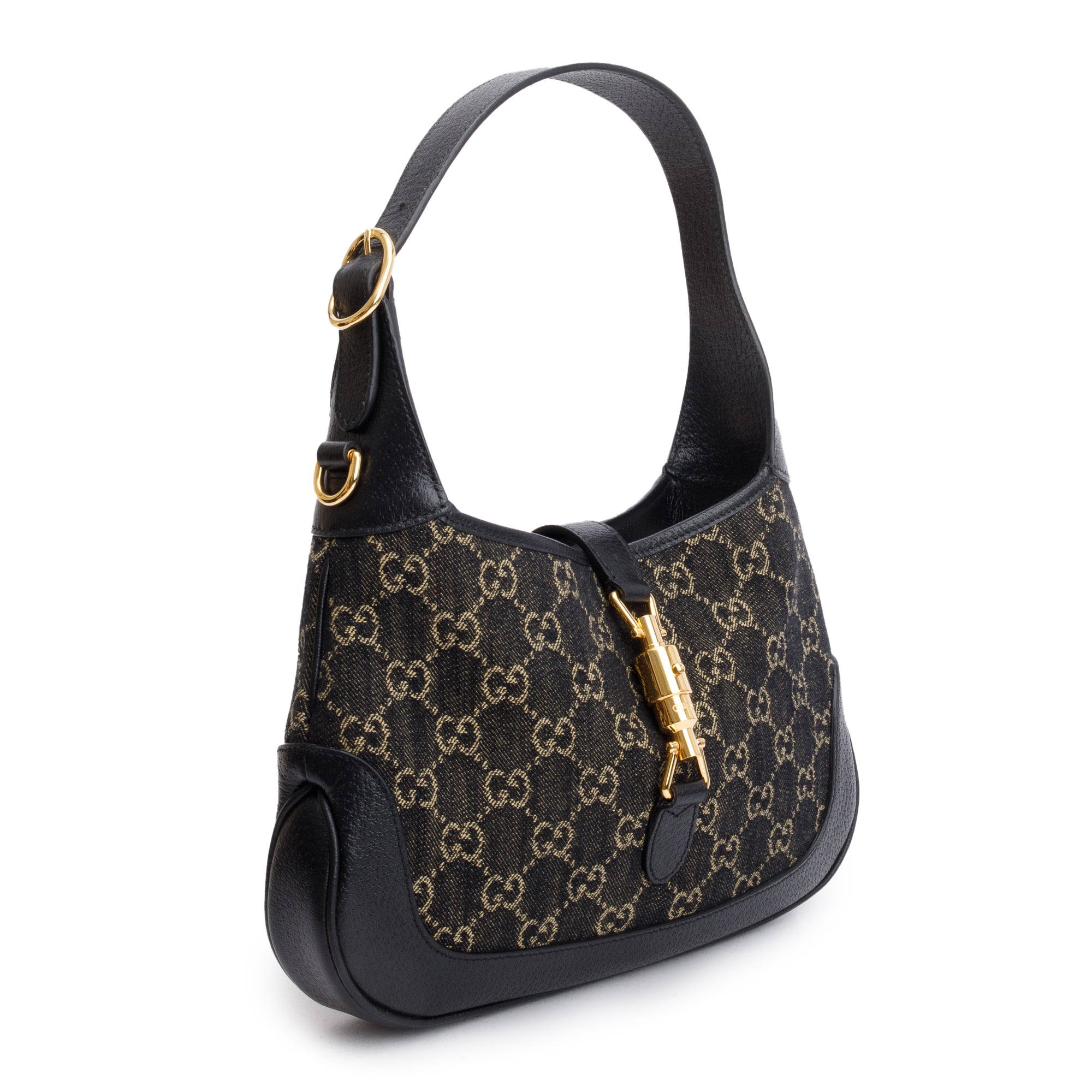 Gucci Black GG Denim Leather Trim Jackie 1961 Mini Shoulder Bag w/ Strap