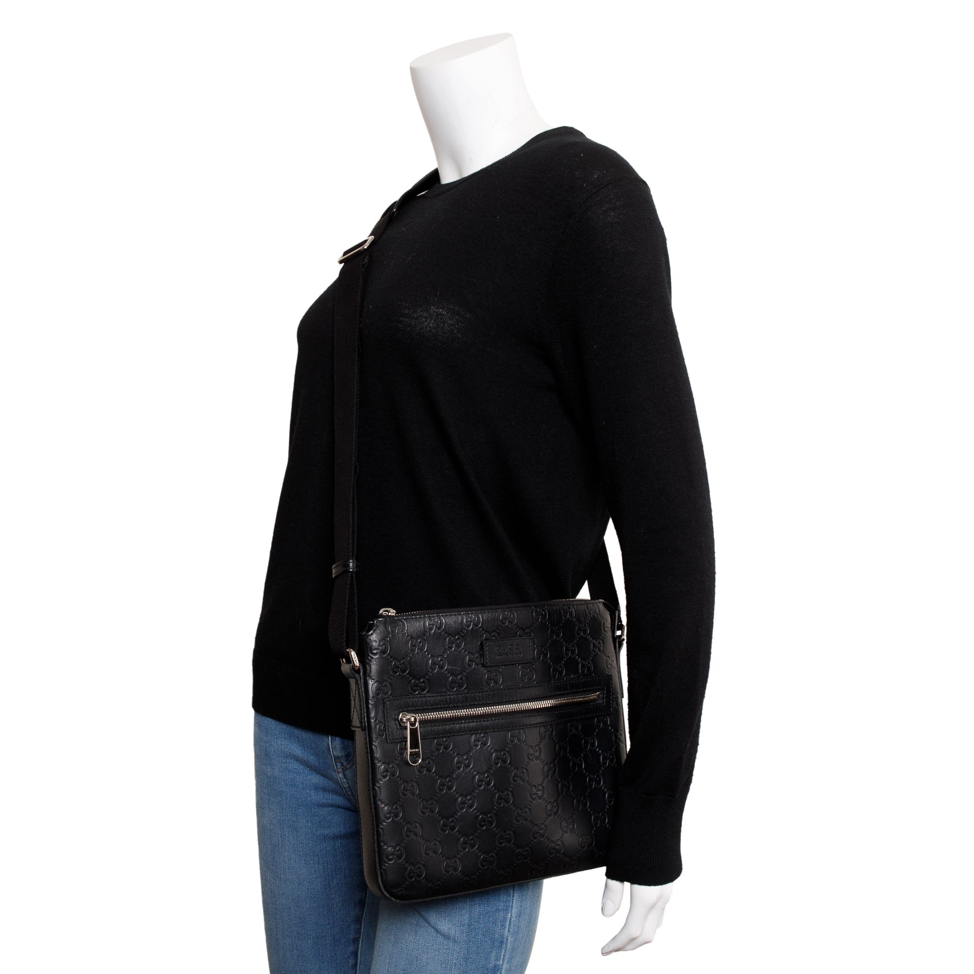 Gucci Black GG Embossed Leather Small Messenger Bag