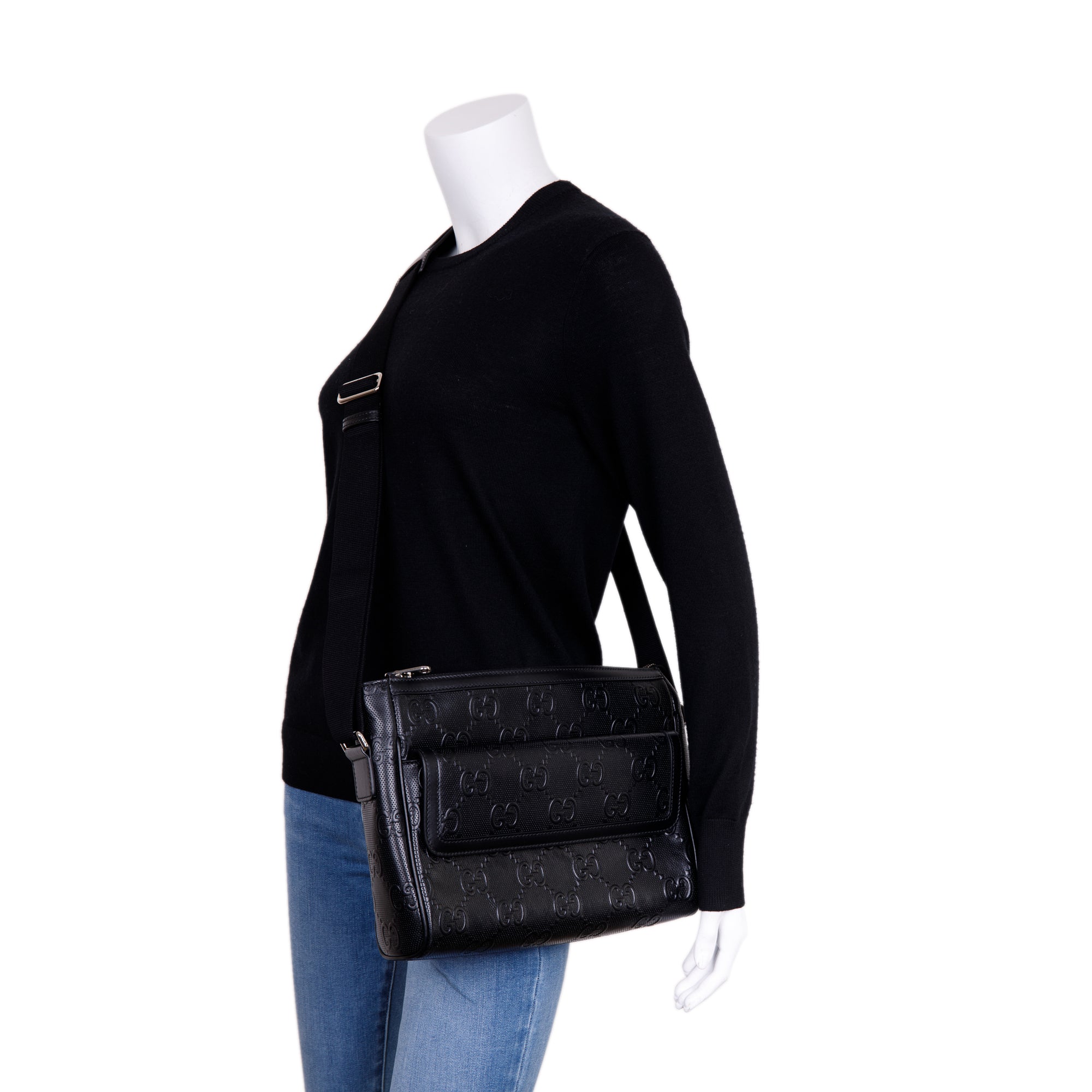 Gucci Black GG Embossed Messenger Bag