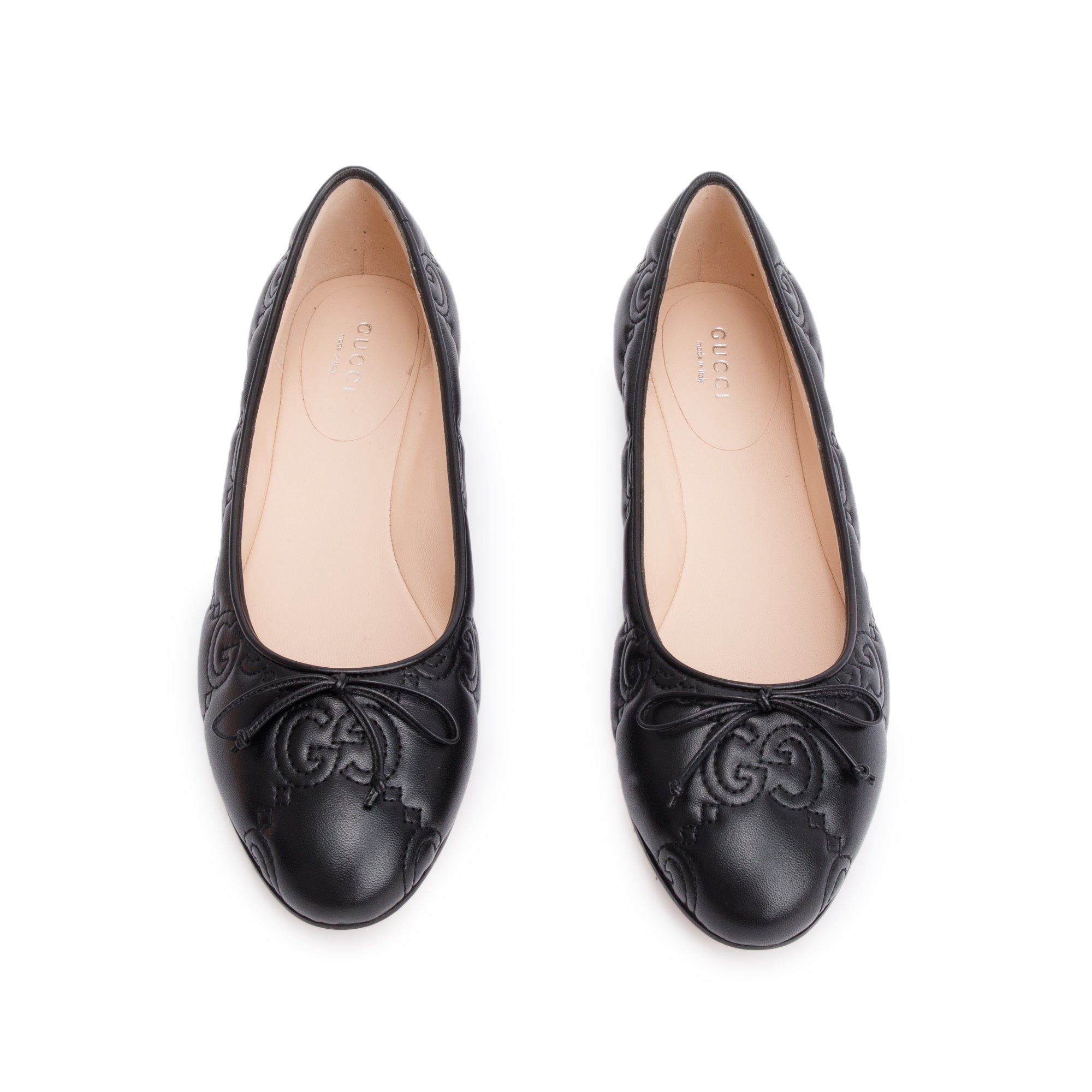Gucci Black GG Logo Leather Ballet Flats, Size 38 w/ Box